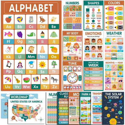 KIDS KING 18 Learning Posters for Toddlers 1-3, Pre-K and Kindergarten Laminated Waterproof Educational Poster Charts for Preschoolers - Homeschool and Classroom Decor