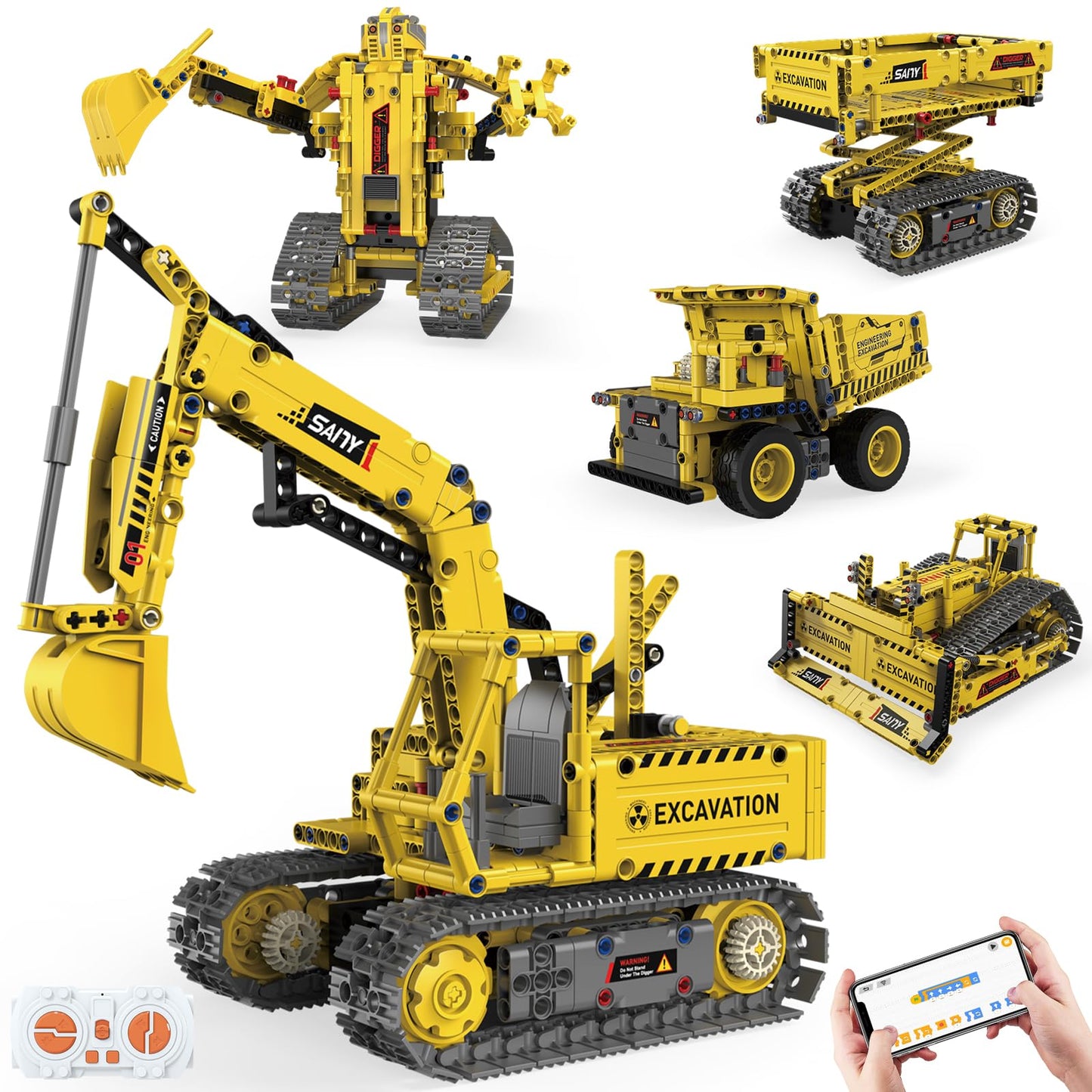 Ansnibe 5-in-1 STEM Building Toys, Remote Control Excavator Robotics Kit, 555 PCS DIY Engineering Construction Set, Educational Science Building Blocks Gift for Kids Boys Girls Ages 6-16