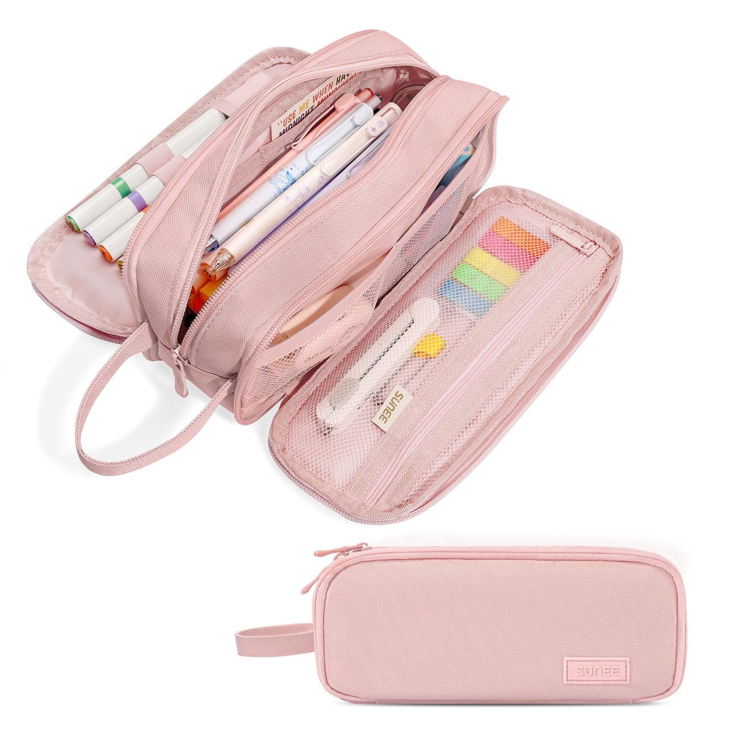 SUNEE Large Capacity Pencil Case with 3 Compartment, Extra Big Pencil Pouch, Pencil Bag with Zipper, Cute High Stationery Organizer, Oxford Pen Box School Supplies for Student Teen Girls Boys, Pink