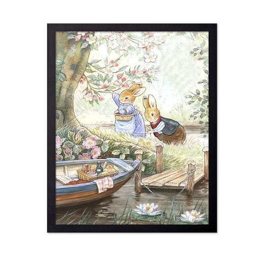 Poster Master Vintage Bunny Besties Poster - Rabbits Picking Flowers Print - Bunny Art - Story Book Art - Watercolor Illustration - Aesthetic Design - Great Kid's Room or Nursery Decor - 8x10 UNFRAMED Wall Decor