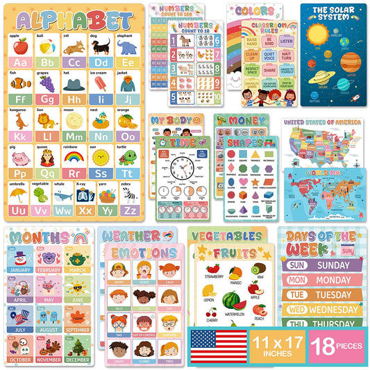 KONVINIT 18 Pack Educational Posters for Classroom Must Haves, Boho Learning Posters For Toddlers 1-3 with PET Lamination, Toddler Learning Posters - Kindergarten & Preschool Classroom Decor School Supplies For Kids
