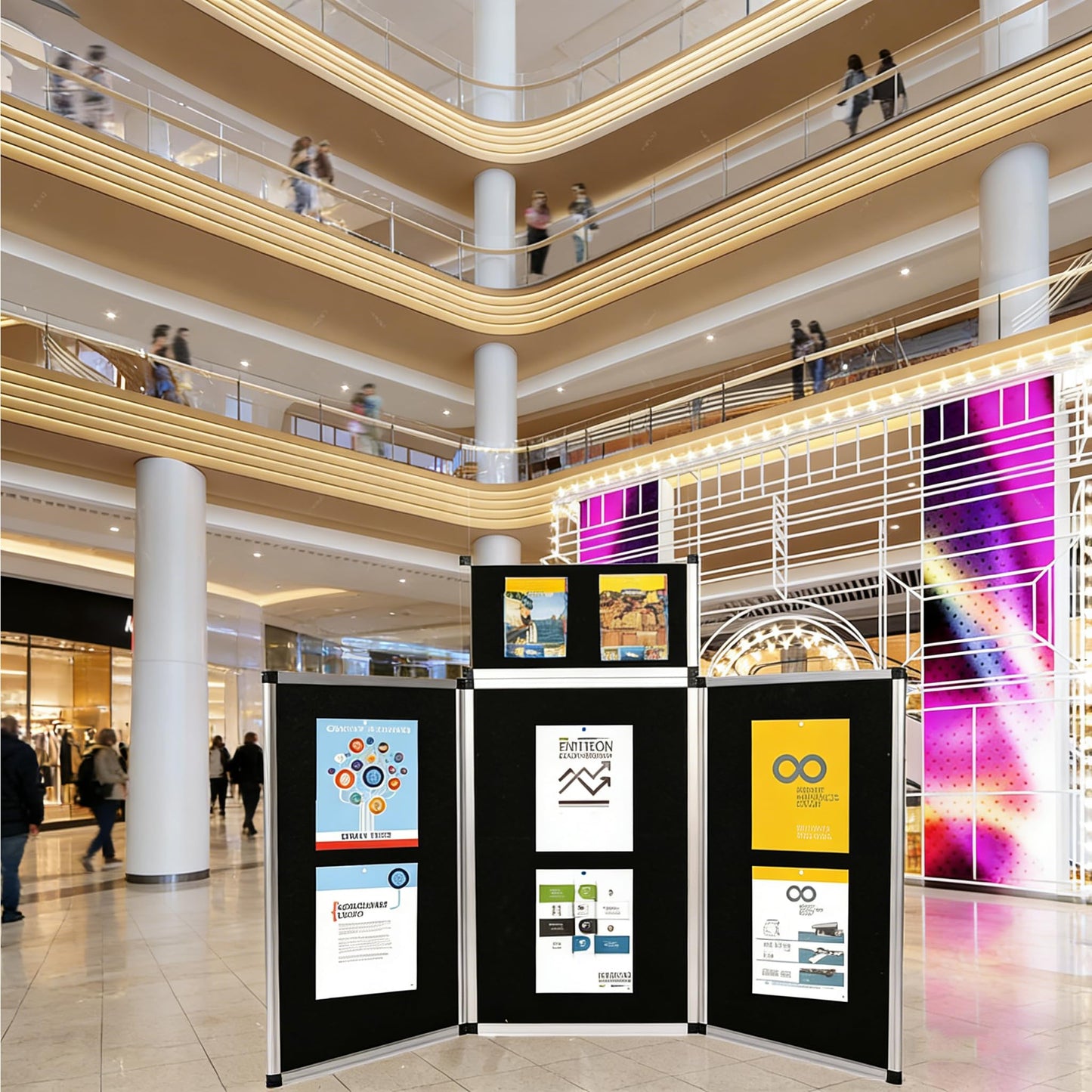 ISXACFF 3+1 Panel Trade Show Presentation Board 70.8“ x 35.4” Black Trifold Poster Board Folding Exhibition Display Boards Double Sided Tabletop Display with Storage Bag Hook & Loop-Receptive Fabric