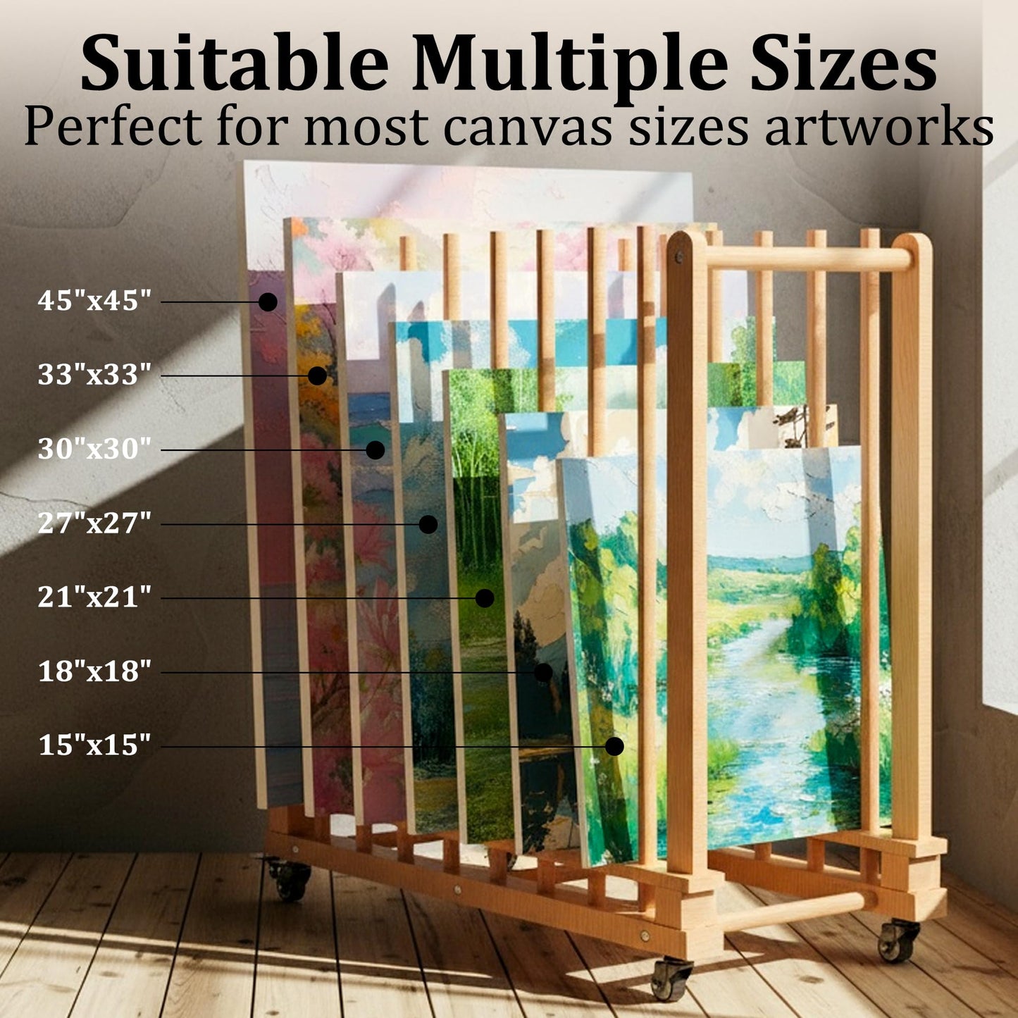 GARVIN Art Storage Rack with Wheels & Handle- Beech Wood Canvas Organizer & Artwork Storage Organizer for Drawing Board, Panel, Paper Pad for Art Studios, Artworks, Gallery, Classroom