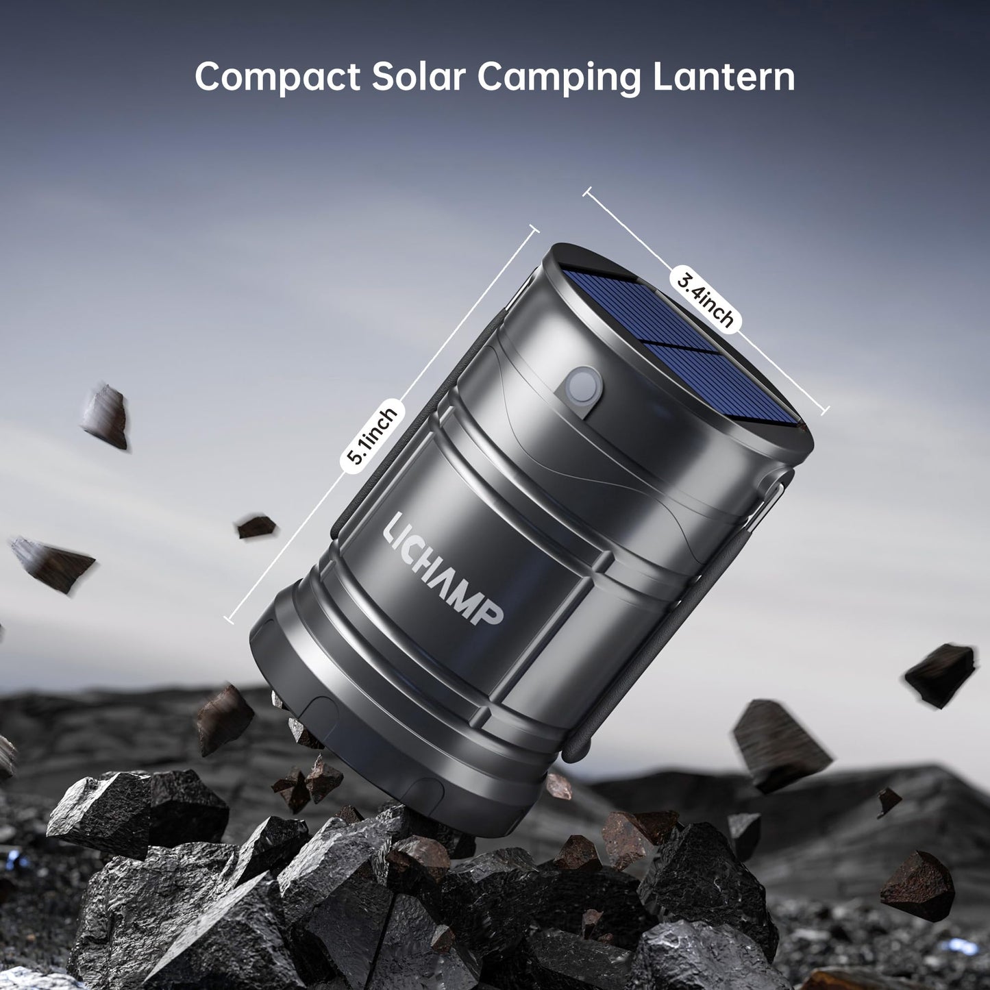 Lichamp Solar Camping Lantern 2-Pack, USB Rechargeable LED, Dark Gray, Model CLS-K002GH, Battery Powered, Three Modes for Emergencies