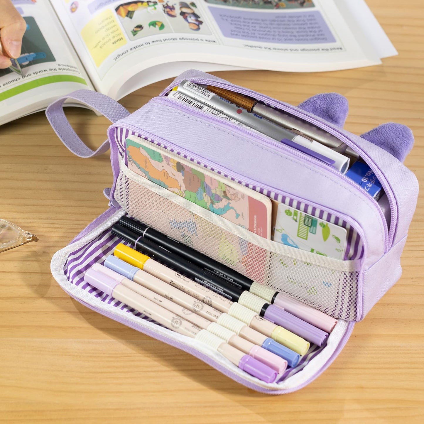 CICIMELON Cartoon Pencil Case, Large Capacity Pen Pouch with Embroidered Animal Design, School Supplies Bag for Kids, Teens, Students (Purple Koala)