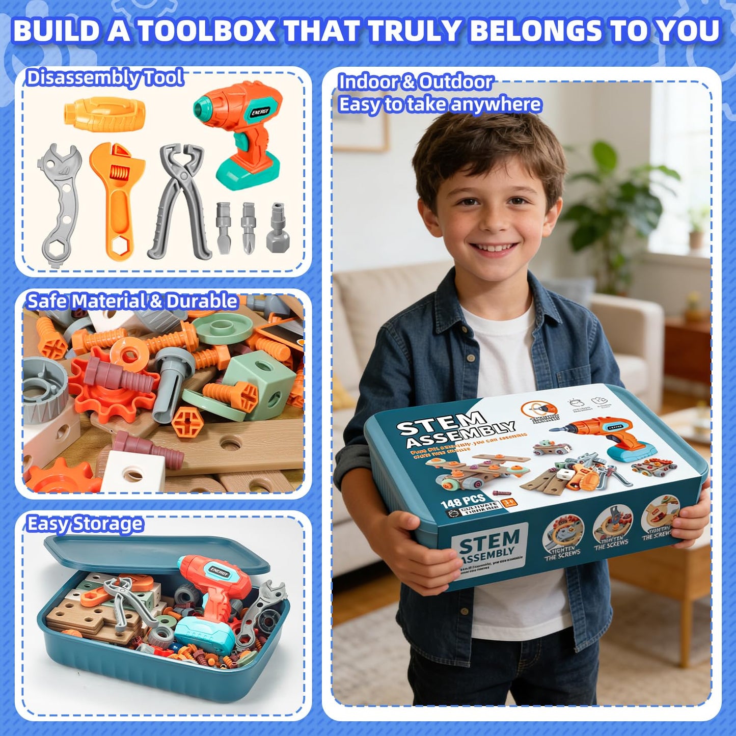 Design and Drill Toy - Toddler Tool Set with Drill & Toolbox, Create And Design Drill Kit Stem Toys for Kids Ages 3-6, Toddler Building Educational Construction Toy for 3-6 Year Old Girl (WOOD COLOR)