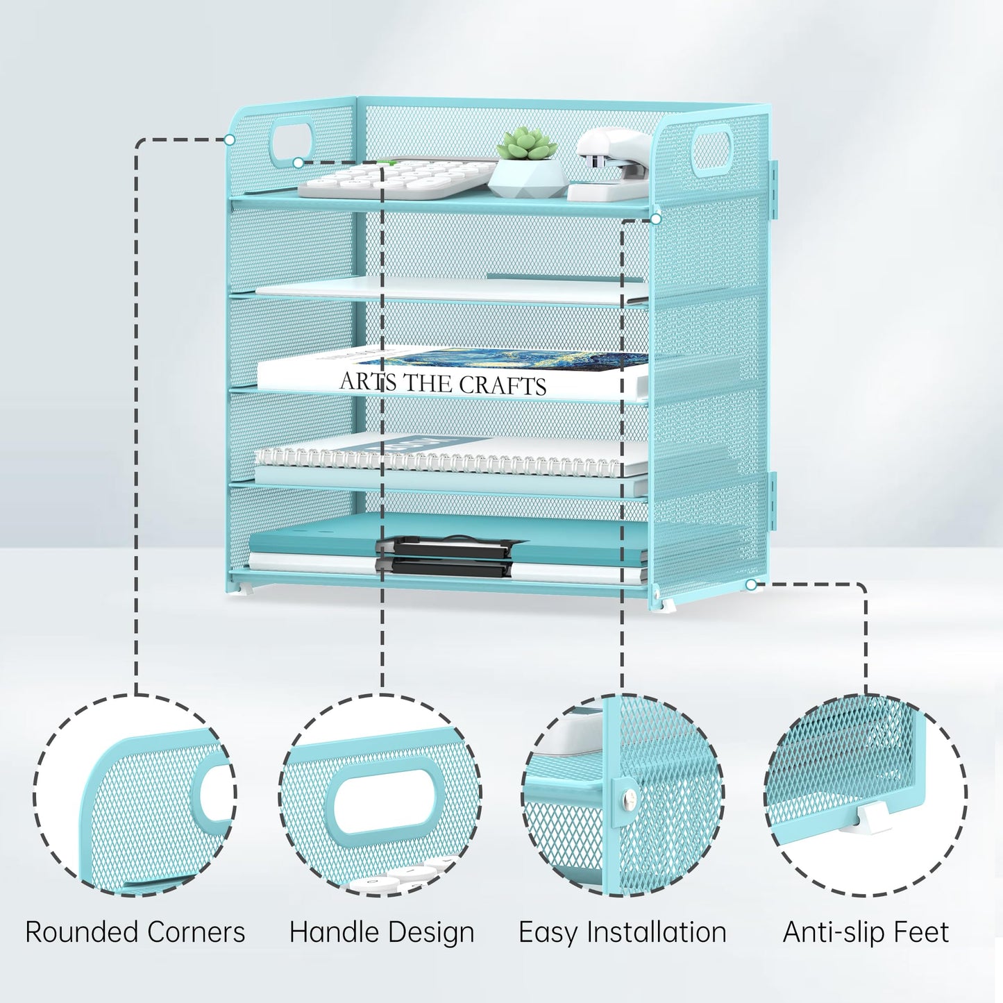 Supeasy 5 Trays Paper Organizer Letter Tray with Handle-Mesh Desk File Organizer, Paper Sorter Desk Organizer for Office, Home or School (Light Blue)