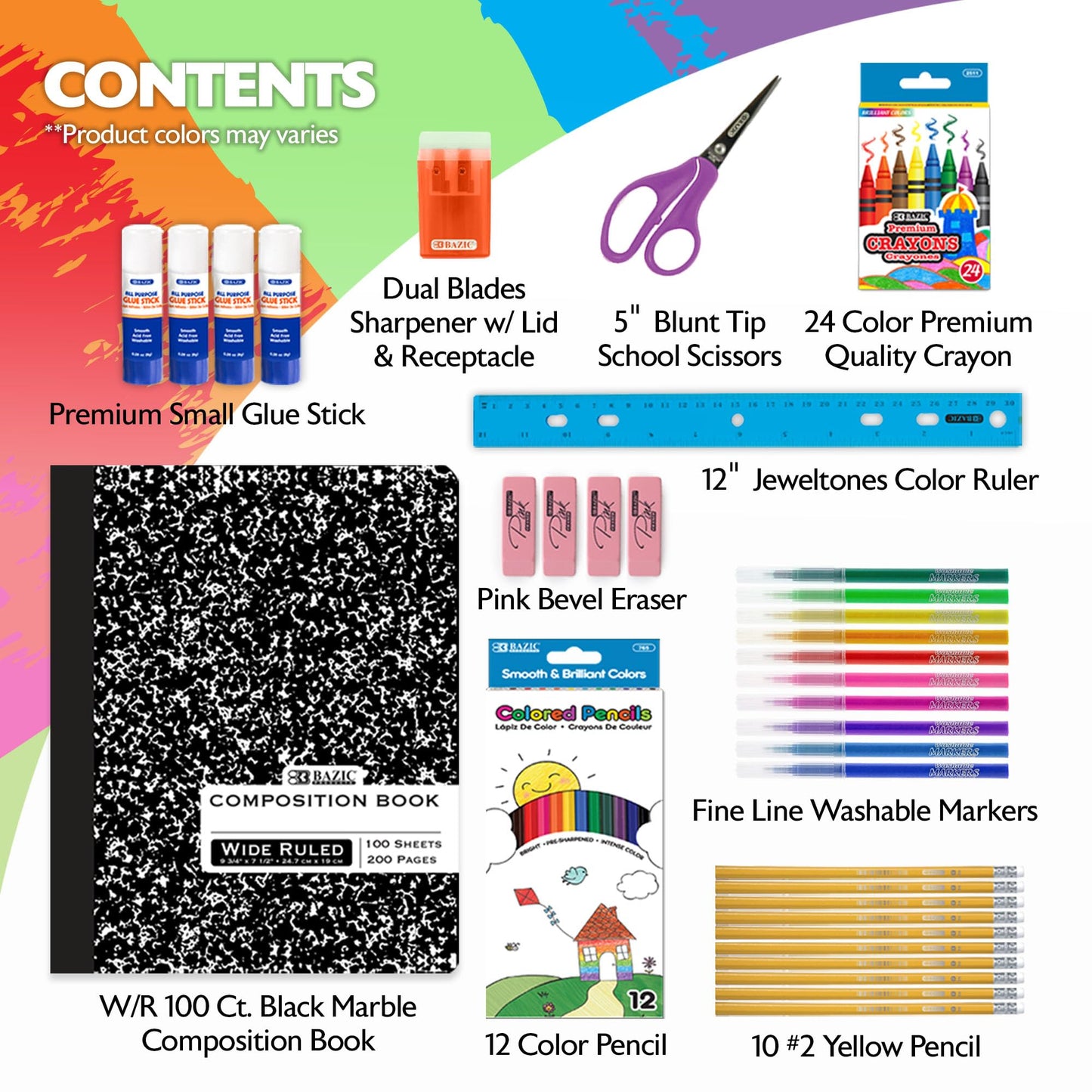 BAZIC Products Back to School Starter Pack, 60 Pieces, Elementary, for Students Teachers Donations