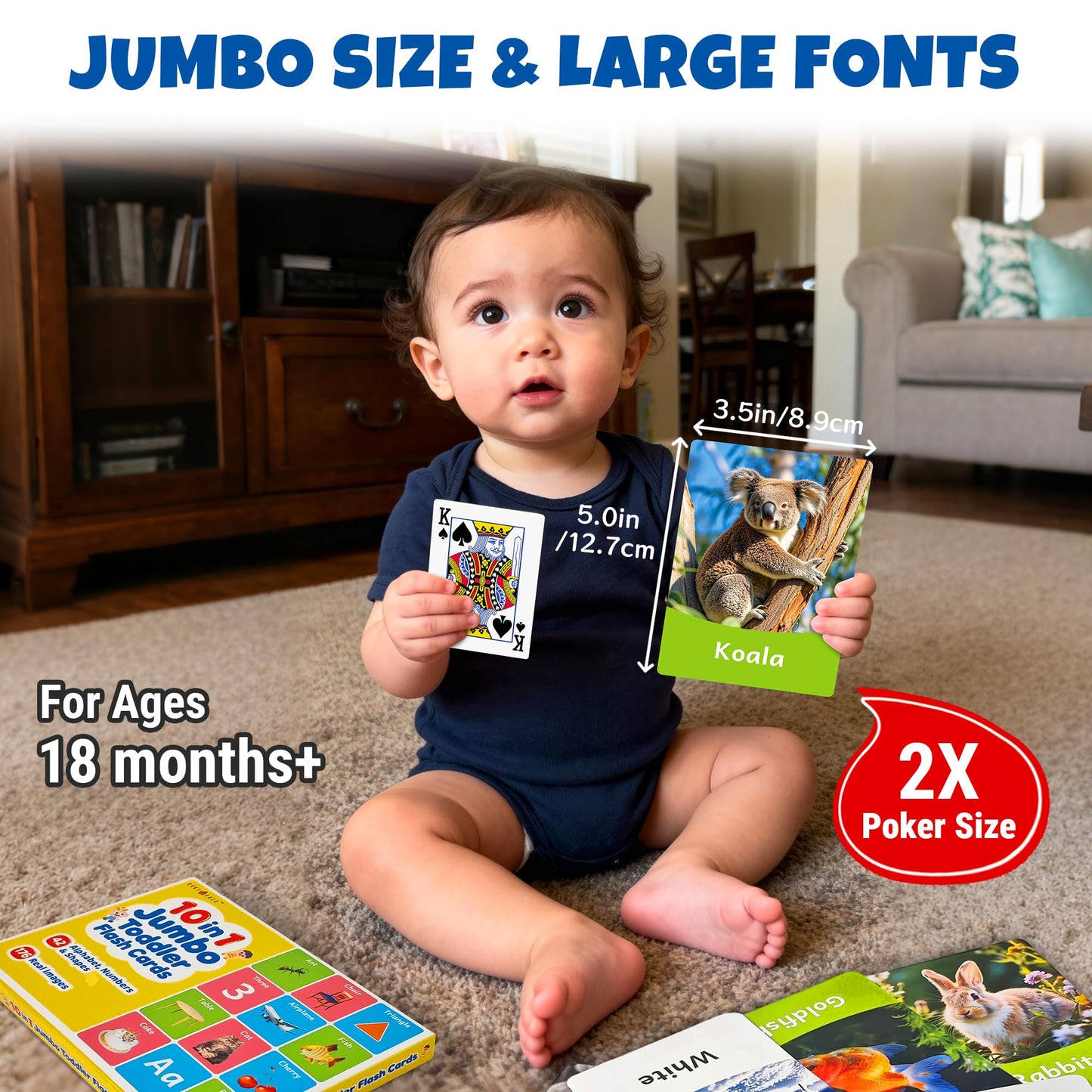 rokt&razo 96 Jumbo Toddler Flash Cards, 10 Topics, 176 Real Images | Alphabet, Numbers, Colors, Shapes & Daily Objects, Fruits - Learning Activities for Ages 1-3, Preschool Educational Tool