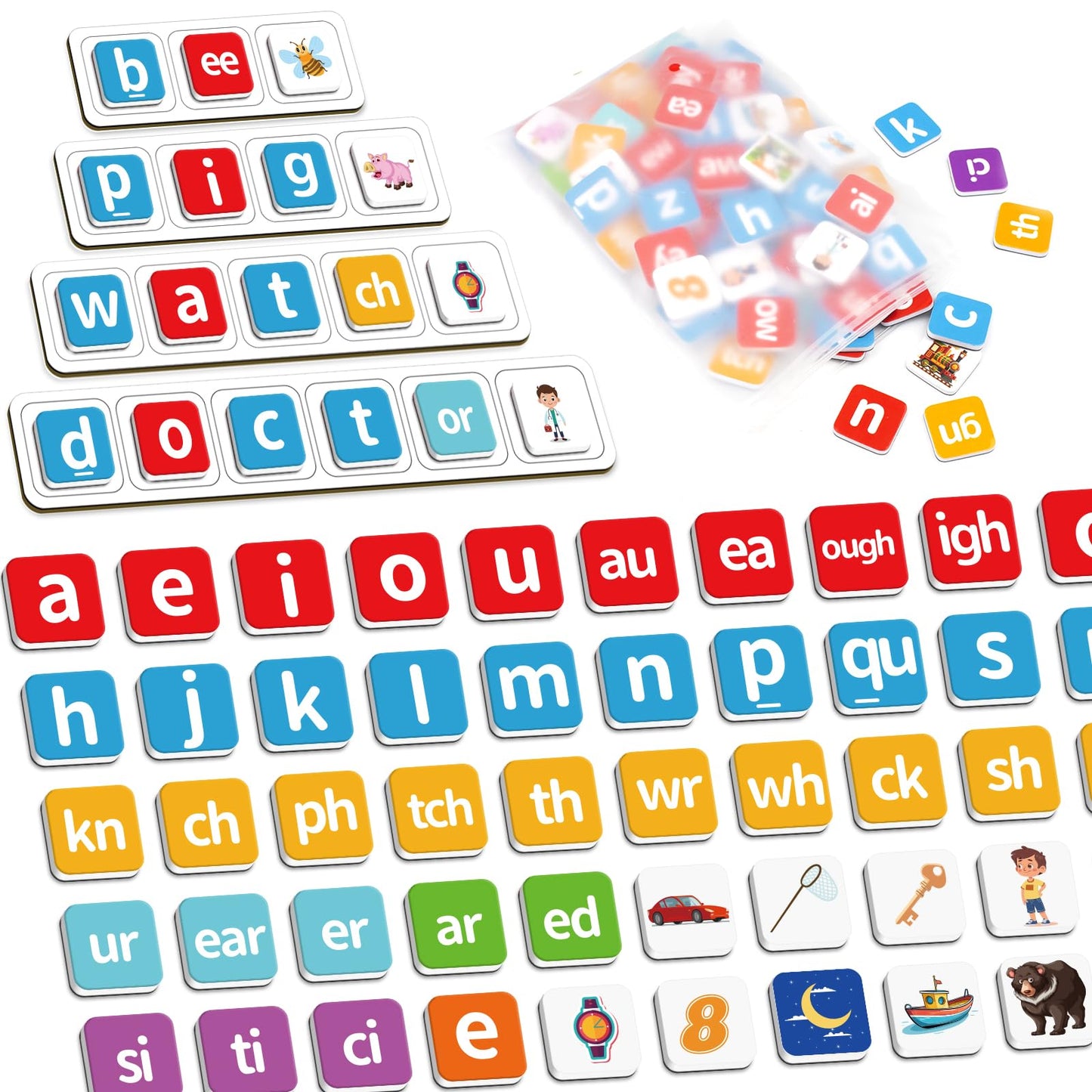 140 Phonics Magnetic Letters Tiles,Learning Letter with Magnet Spelling Board Phonics Games Letter Tiles Phonemic Awareness Alphabet Magnets Magnetic Elkonin Box for Preschool Kindergarten Classroom