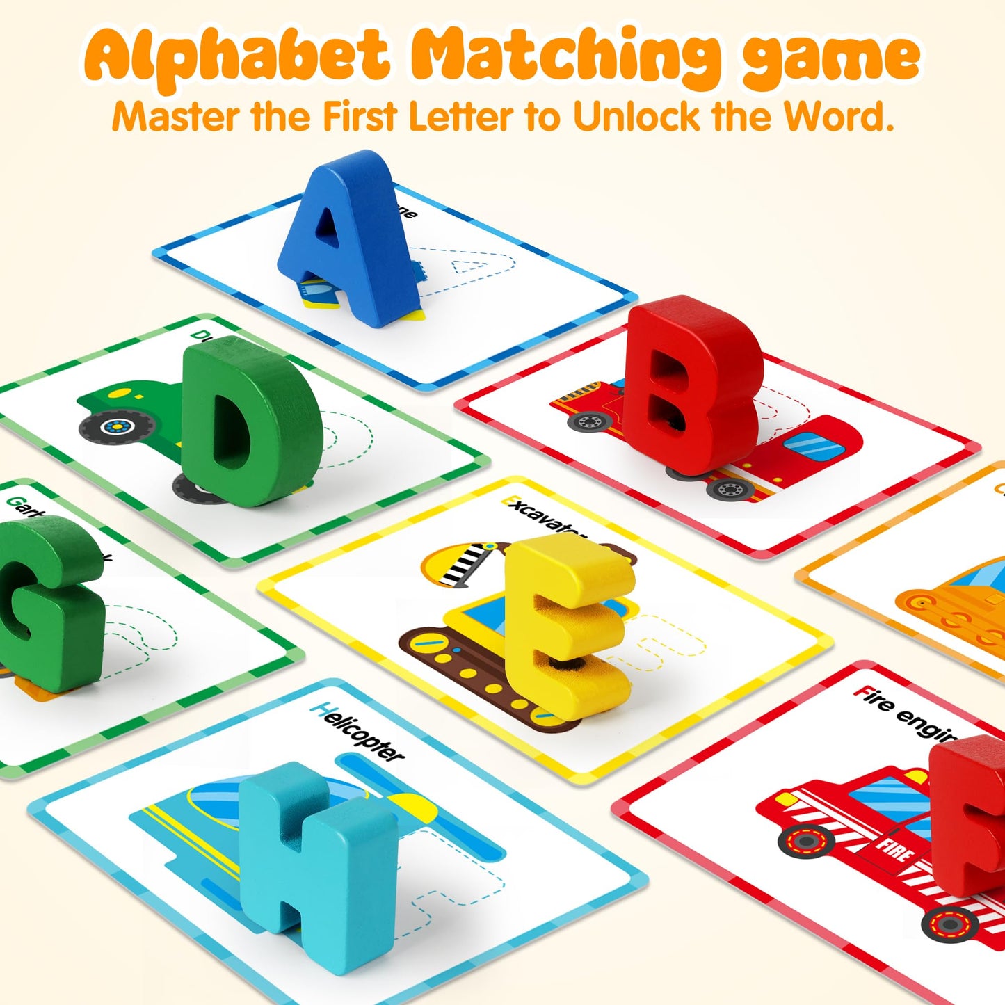 Vanmor Wooden Vehicle Alphabet Puzzle for Toddlers, Traffic ABC Letter Sight Words Matching Game with 52 Blocks and Flash Cards, Spelling Game Toys, Kindergarten Preschool Learning Activities
