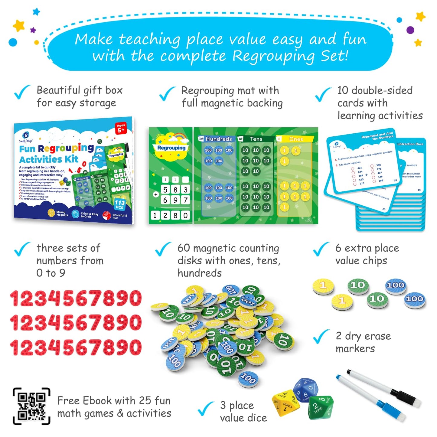 113 PCS Fun Magnetic Regrouping Activities Kit, Place Value Magnets 1st 2nd 3rd 4th Grade, Magnetic Place Value Chart Mat, Magnetic Place Value Discs Chips, Base Ten Math Manipulatives - Simply Magic