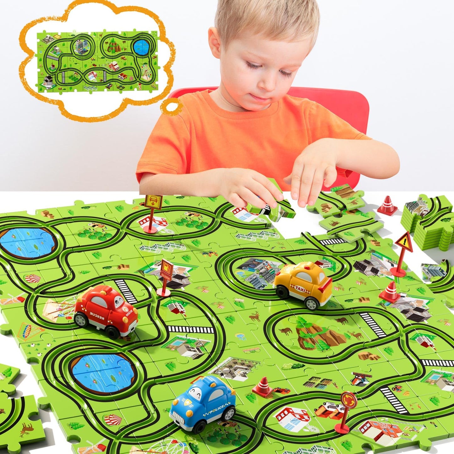 Beby Buty 64PCS Puzzle Track Car Set Toys for Kids Boys, Toddler Toys Gifts for 3 4 5 Year Old, Floor Puzzle Tracks Car for Boys Ages 3-5 4-6, for 3 4 5 6 Year Old