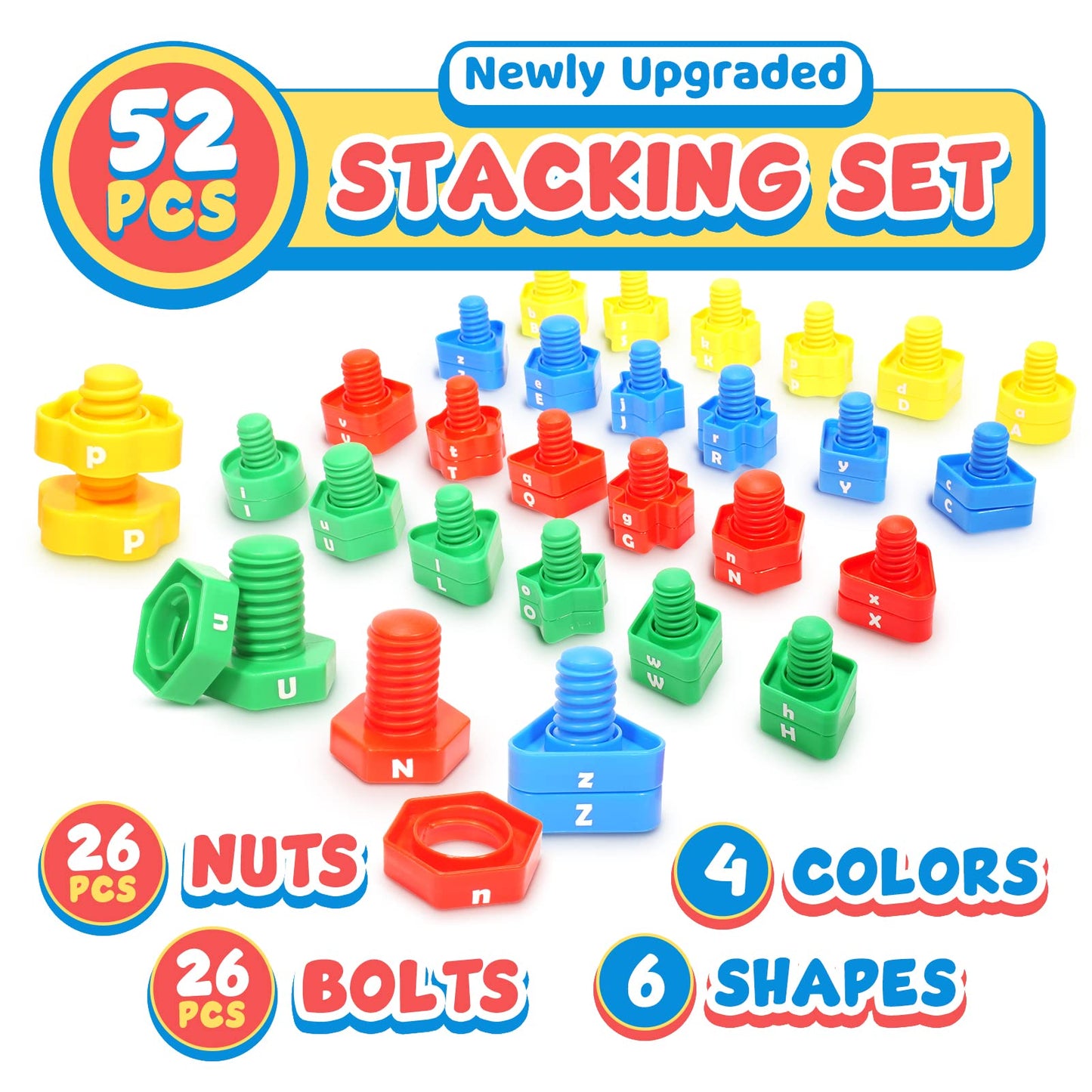 Letters Learning Matching Game | Preschool Toys Set for Toddlers | 26 Alphabet Learning Toys with 52 pcs Nuts and Bolts Sorting & Stacking Toys, ABC learning Educational Montessori Toy for Kids