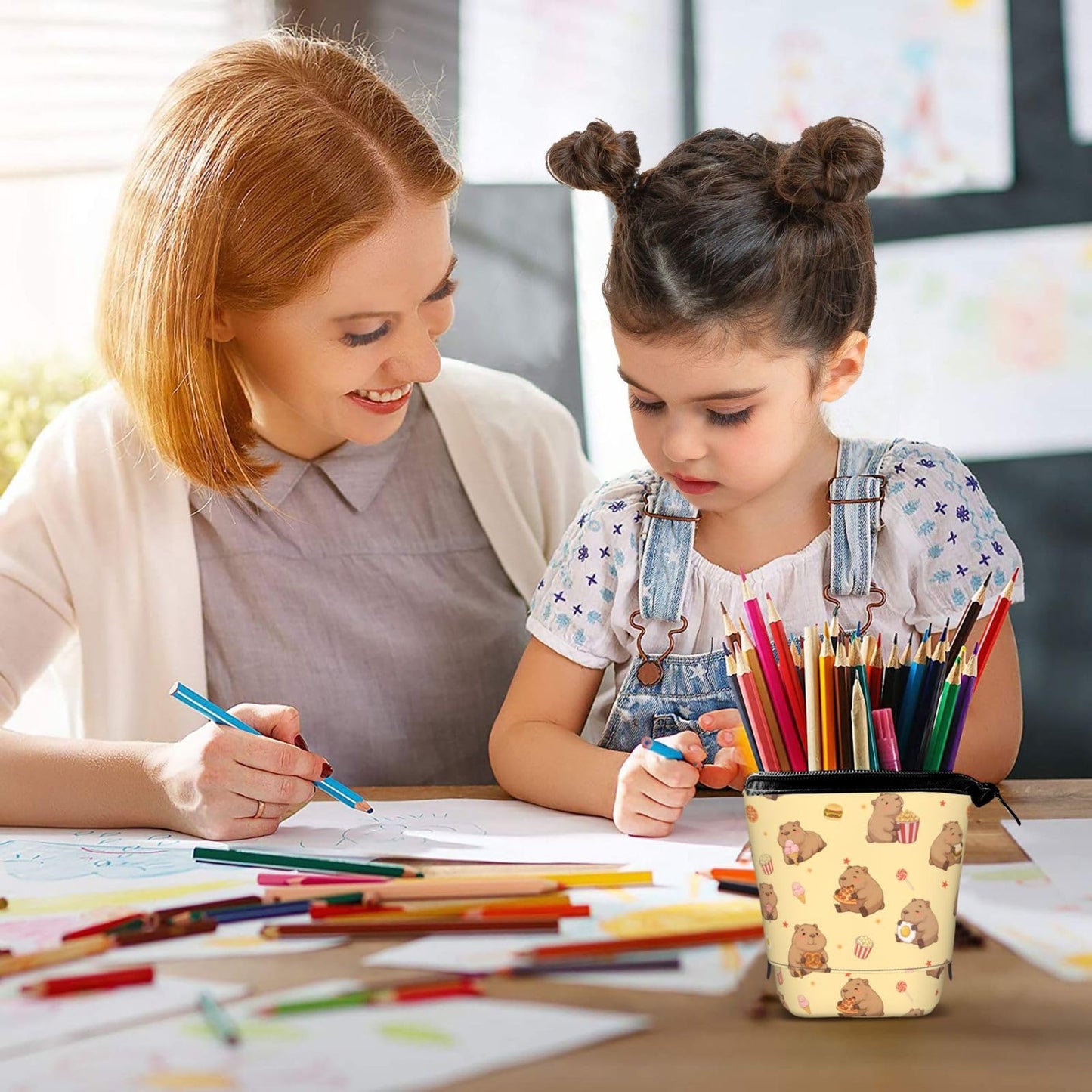 Tezmd Yellow Cute Animals Kids Standing Pencil Case Girls Boys Telescopic Stationary Pouch with Zipper Large Capacity Stand up Pen Bag Portable Makeup Holder for Children School Students