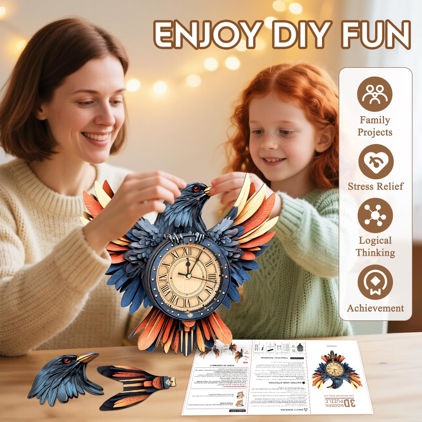 3D Puzzles for Adults Wooden Clock-Raven's Wing Model Kit, Mechanical DIY Pendulum Clock with Roman Numerals-Home Wall Decor, Birthday Christmas Day Gift for DIY Lovers