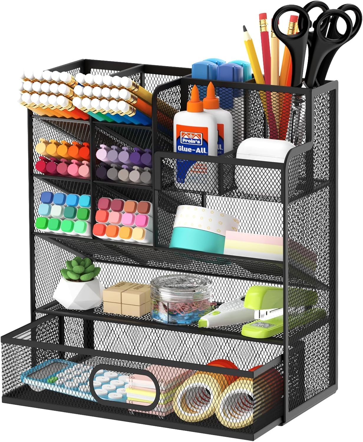 ReePlan Pen Organizer for Desk - Multi-Functional Pencil Holder with Drawer Desk Organizers, Large Capacity Storage for School Office Home Supplies (Black)