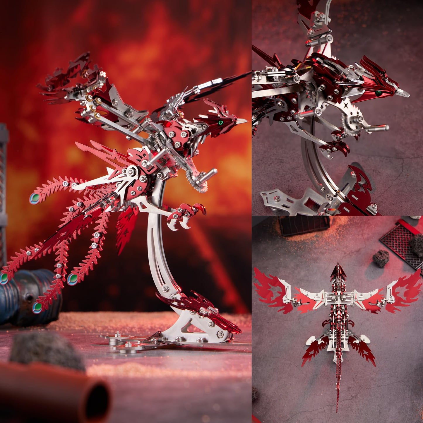 OreilleStar 3D Metal Ornithopter Puzzles for Adults Model Kits DIY Assembly Mechanical Phoenix Stainless Steel Animal Bird Toy Building Block Birthday Gifts for Men Women (Red Phoenix)