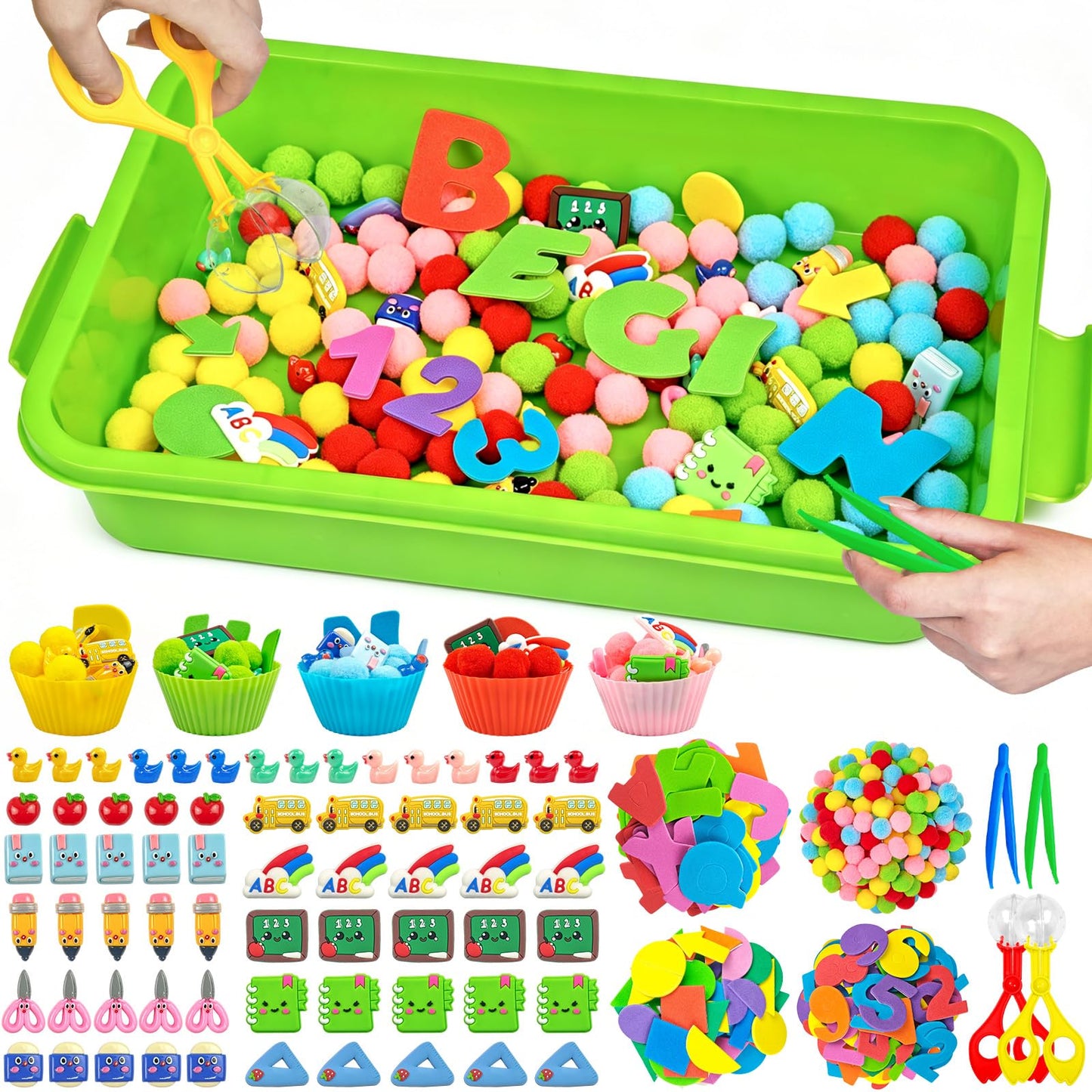 Cinrobiye 183 Pcs Back to School Classroom Activity Kit with Alphabet Letters Numbers Shapes, Sensory Bin Fillers Set with Storage Box for Classroom Stations, Sorting Activities and School Theme Setup
