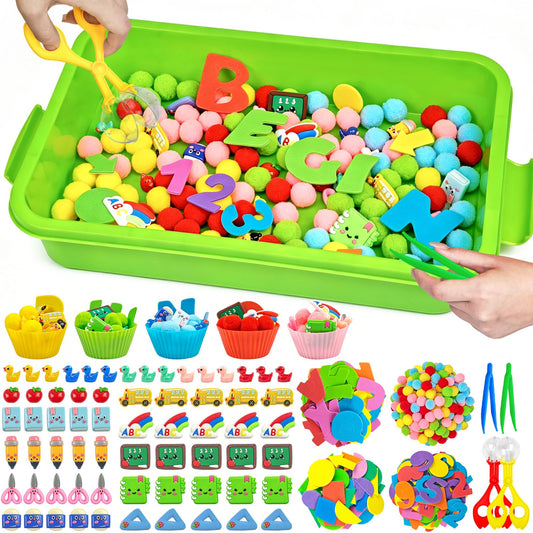 Cinrobiye 183 Pcs Back to School Classroom Activity Kit with Alphabet Letters Numbers Shapes, Sensory Bin Fillers Set with Storage Box for Classroom Stations, Sorting Activities and School Theme Setup
