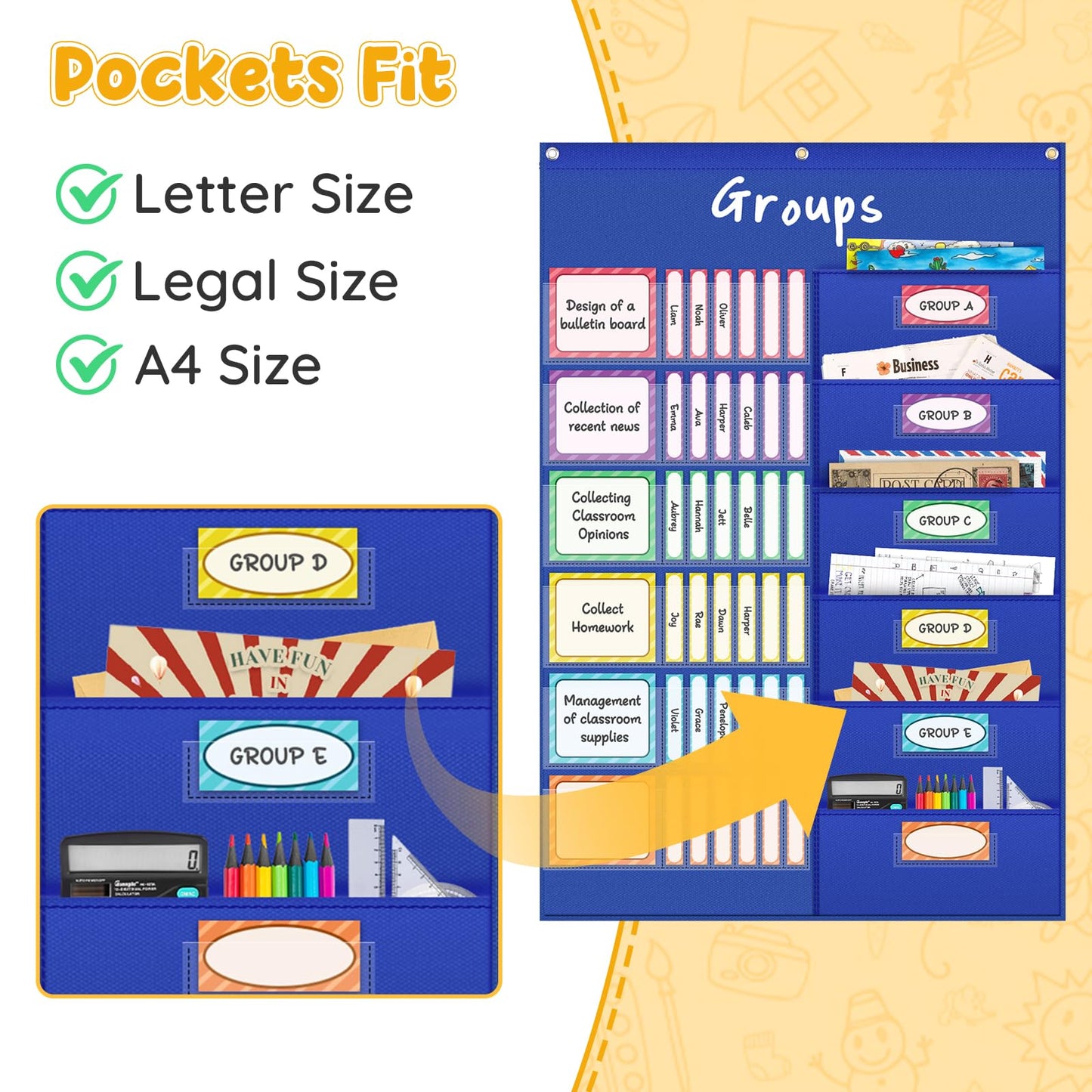 AKAYOK Small Group Pocket Chart with 84 Colorful Dry Erase Cards, Classroom Jobs Chart with 6 Pocket Wall Hanging File Folder, Pocket Chart for Classroom,Office,Home, Small Group Classroom Must Haves