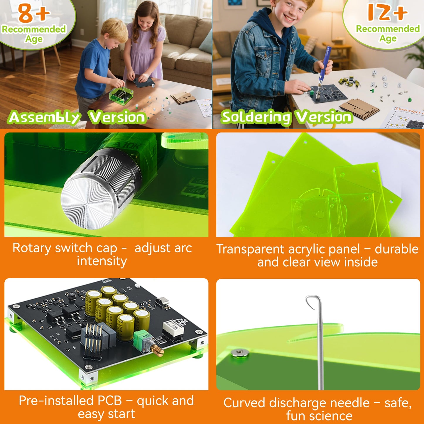 eUda+ STEM Tesla Lightning Kit for Kids&Adults Science Kits for Kids Age 12-14 Build Stem Kits for Kids Age 14-16 Soldering Practice Kit for Beginners 12 13 14 15 16 17 18+ (Soldering Version, RTB)