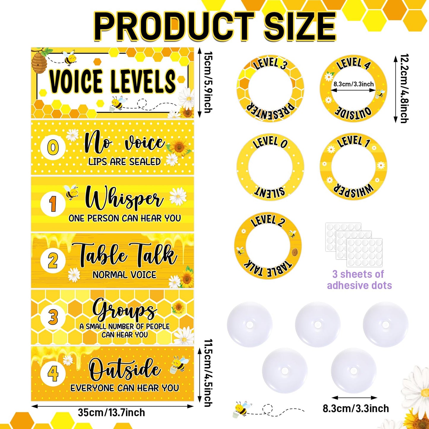 5 Pcs School Push Light and Voice Level Poster Voice Level Chart Monitor Rules Sign LED Tap Light Classroom Rules Poster Noise Chart Classroom Management Tools for Teachers Back to School（Bee Style）