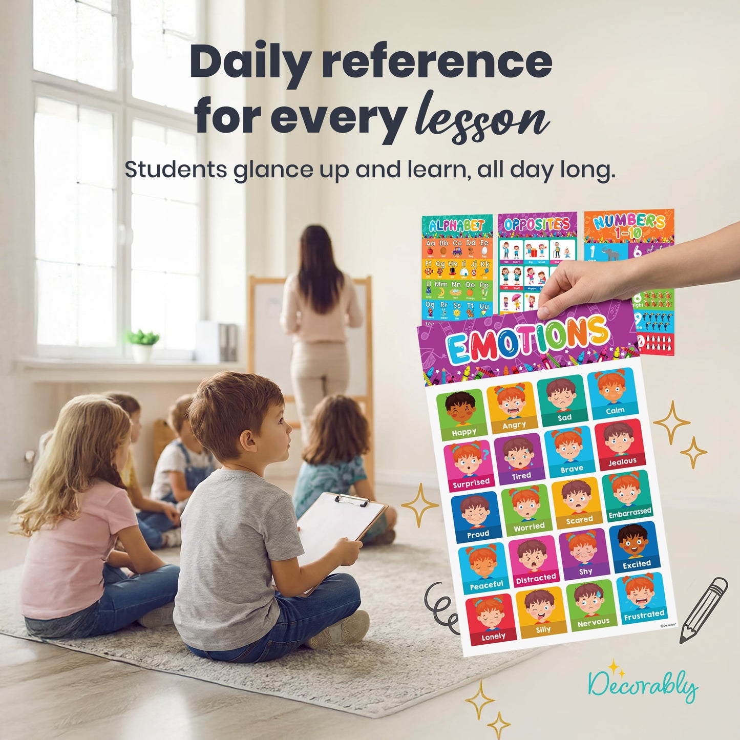 Decorably 20 Vibrant Learning Posters for Toddlers 1-3, 11x17in Educational, Matte-Laminated Classroom Decor - for School Hallways, Bulletin Boards, Home Study Room