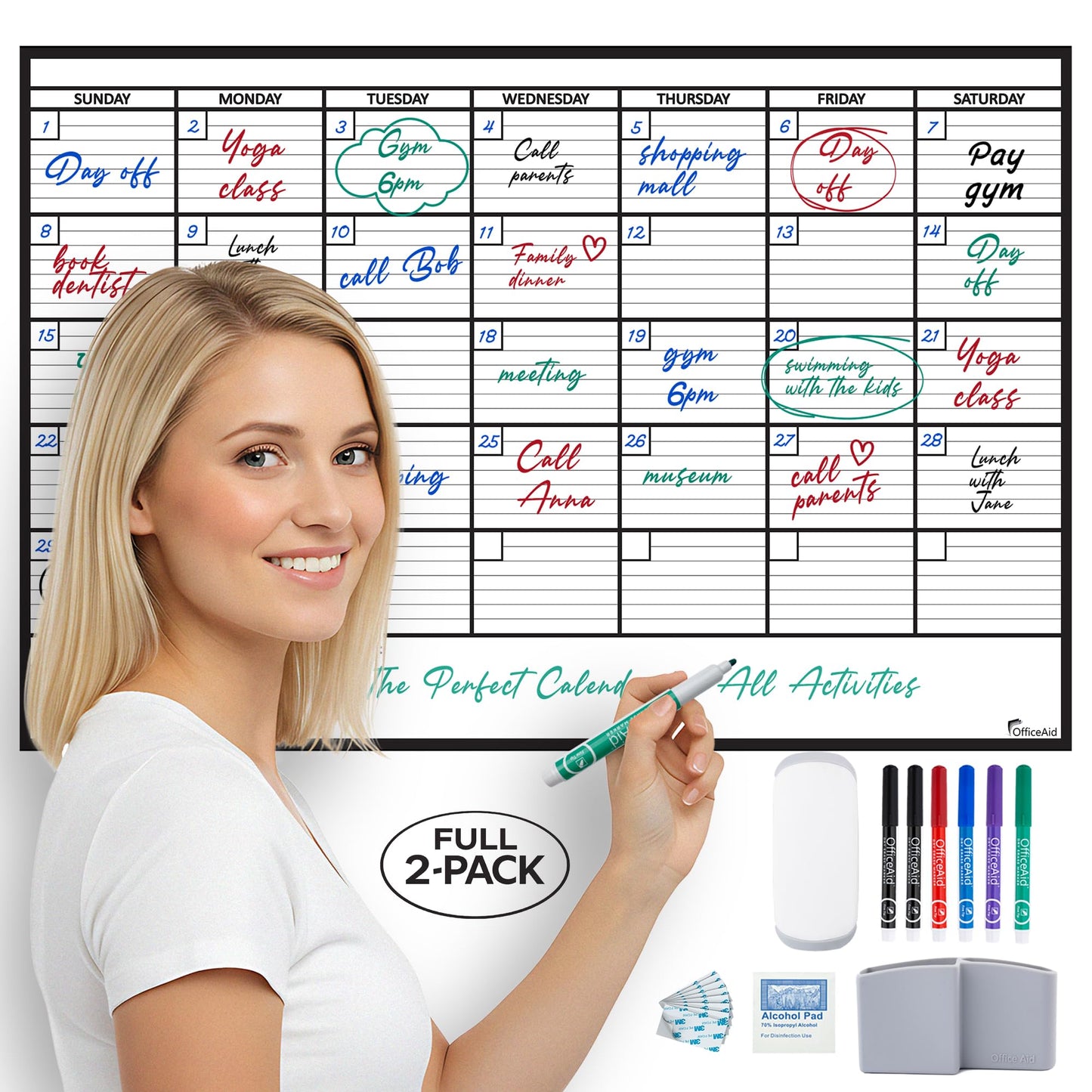 (2 PK) Large Dry Erase Calendar for Wall 24x36, Giant Family Office Big Reusable, Monthly Planner Erasable 36x24, Rolled Whiteboard White Board, Calendar Dry Erase for Undated Wall Large Classroom