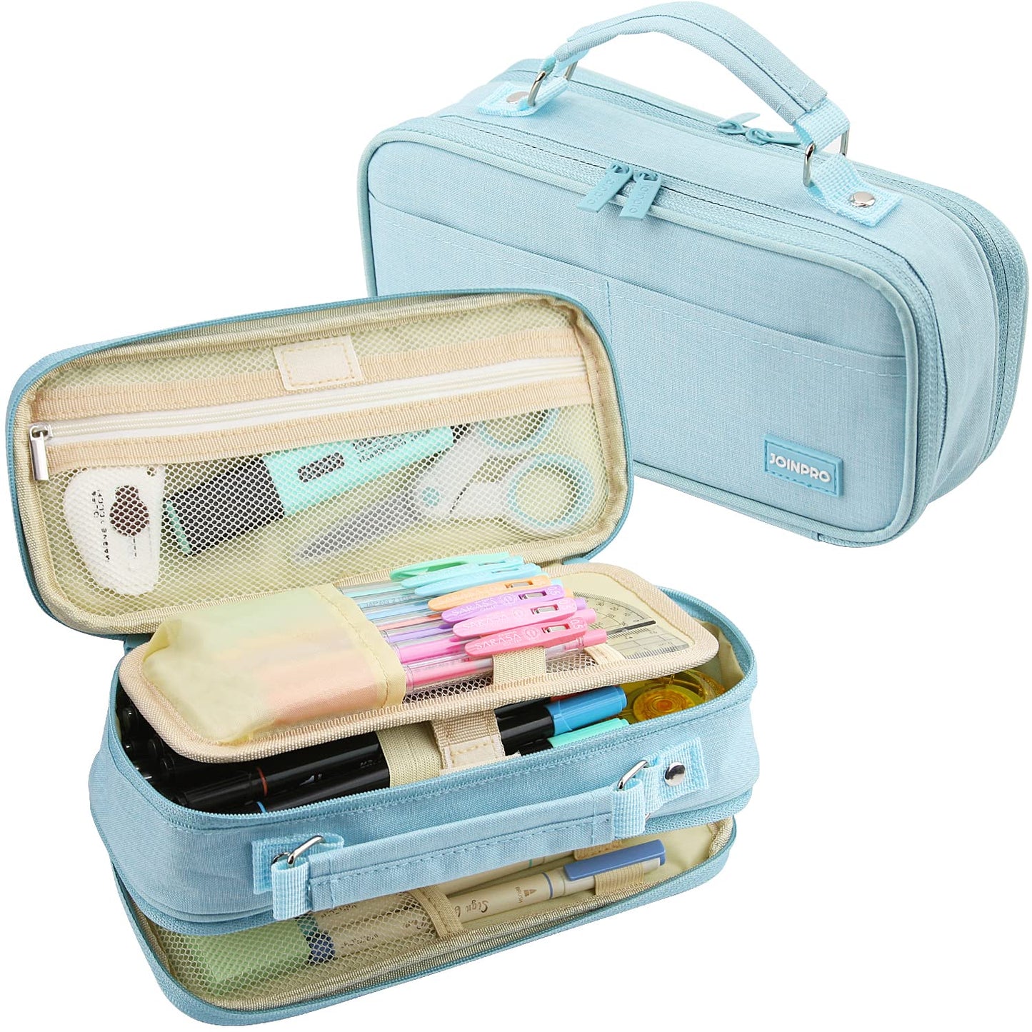 JOINPRO Large Capacity Pencil Case, 4 Compartment Pen Pouch Organizer with Double Zipper, Storage Bag for School, Office, Teen Girl Boy Men Women (Light Blue)