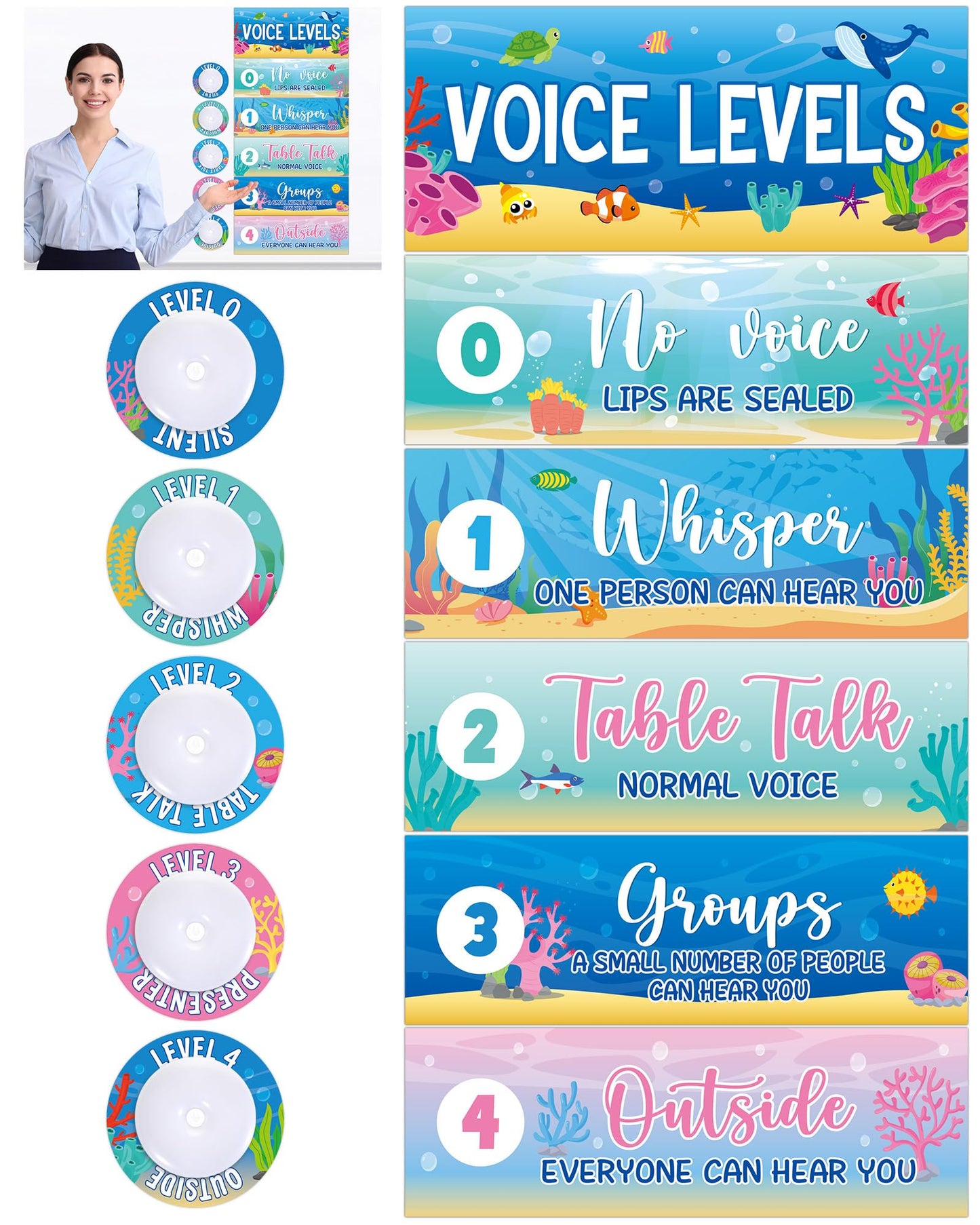 5 Pcs School Push Light and Voice Level Poster Voice Level Chart Monitor Rules Sign Under The Sea LED Tap Light Classroom Rules Poster Classroom Management Tools for Teachers（Ocean Animals Style）