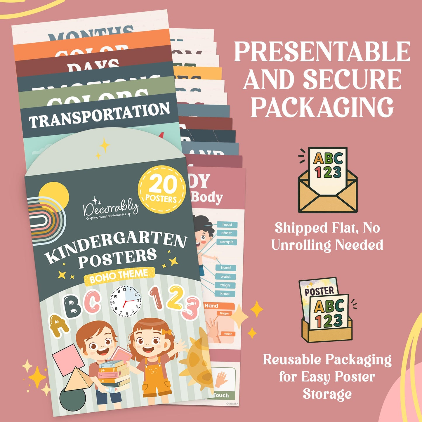 Decorably 20 Boho Learning Posters for Kids Ages 3-5, 11x17in Educational Matte-Laminated for Classrooms, Homeschool, School Hallways, Bulletin Boards