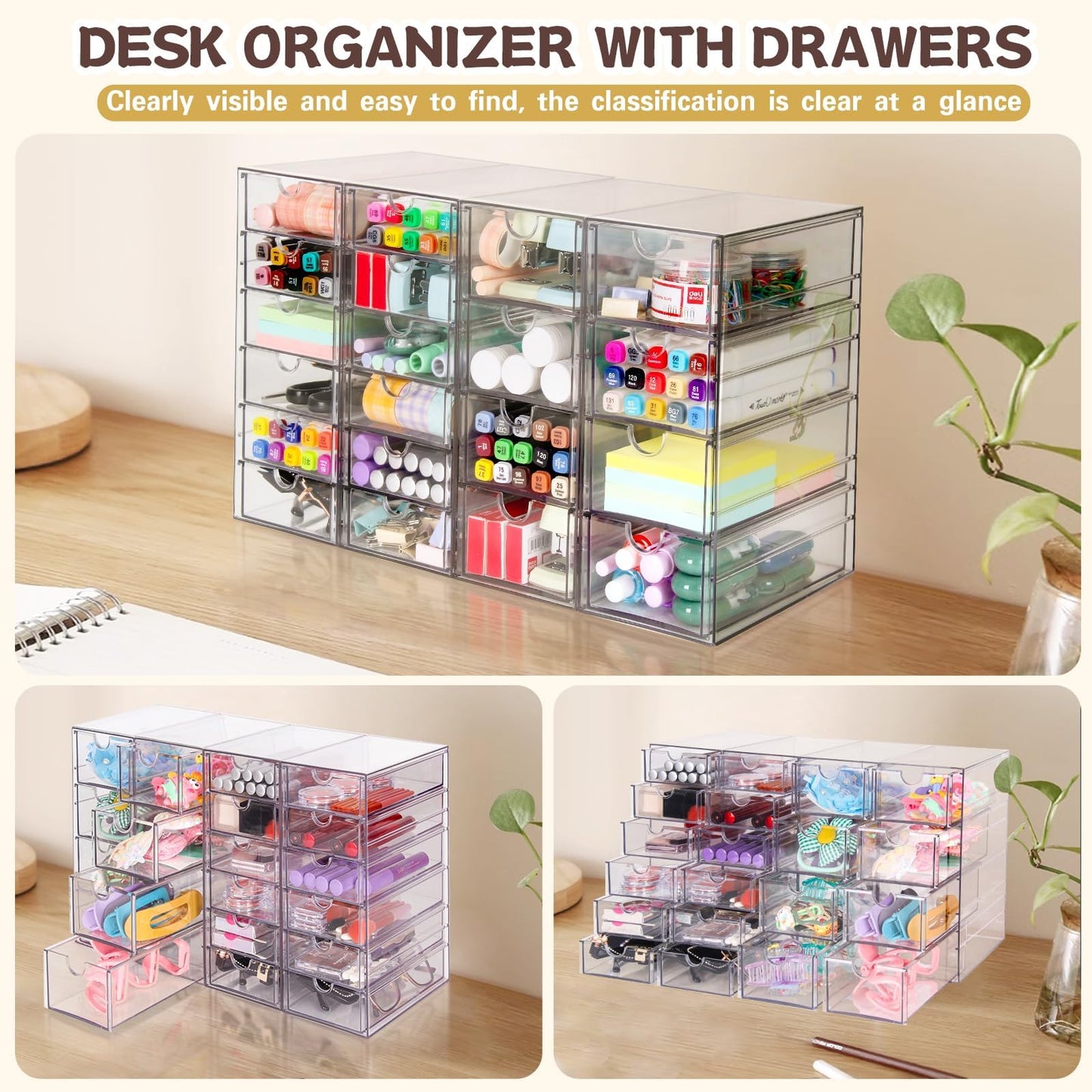 VZKAH Acrylic Organizer with Drawers | 20 Drawers 4 Sets | Desk Organizer and Storage, Clear Makeup Organization, For Office/Art Supply/Craft Storage and Organization