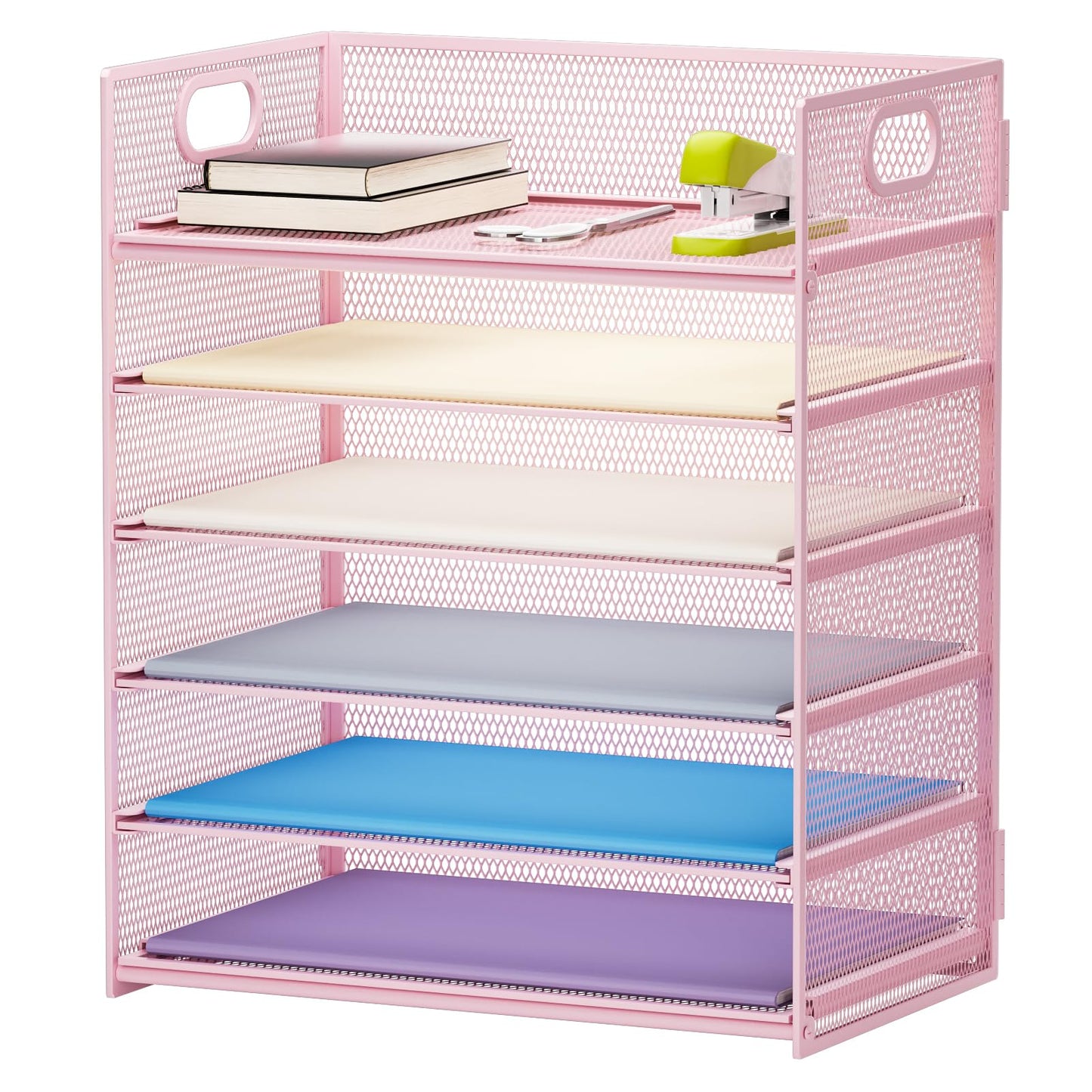 Marbrasse 6 Tier Paper Organizer Letter Tray - Mesh Desk File Organizer with Handle, Paper Sorter for Letter/A4 Office File Folder Holder -Pink