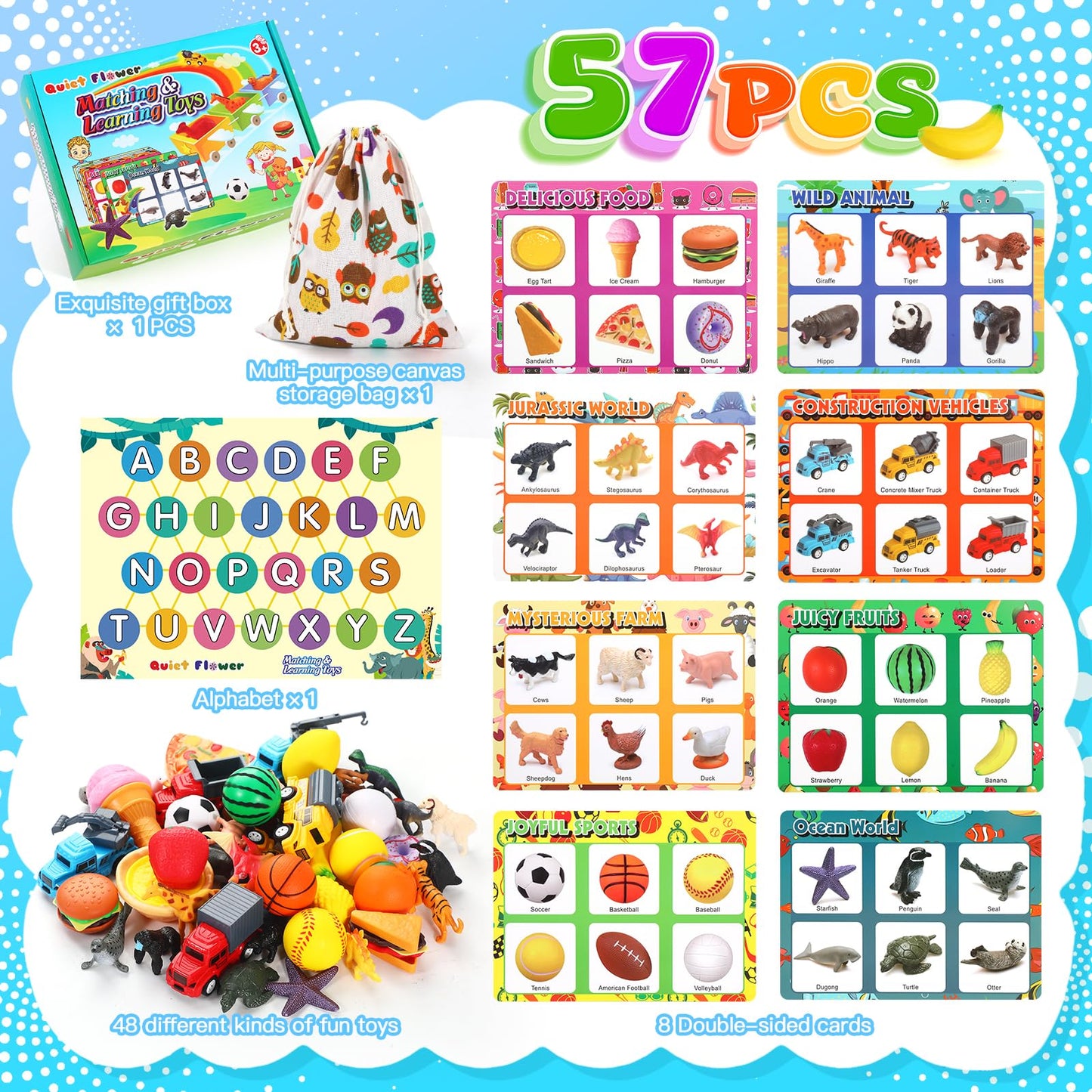 Quiet Flower 59 Pcs Sorting Toys for Toddlers 3-5, Dinosaur & Vehicle Matching Game with Flashcards, Sensory Educational Materials for Autism & Speech Development, Preschool Fine Motor Activities Gift