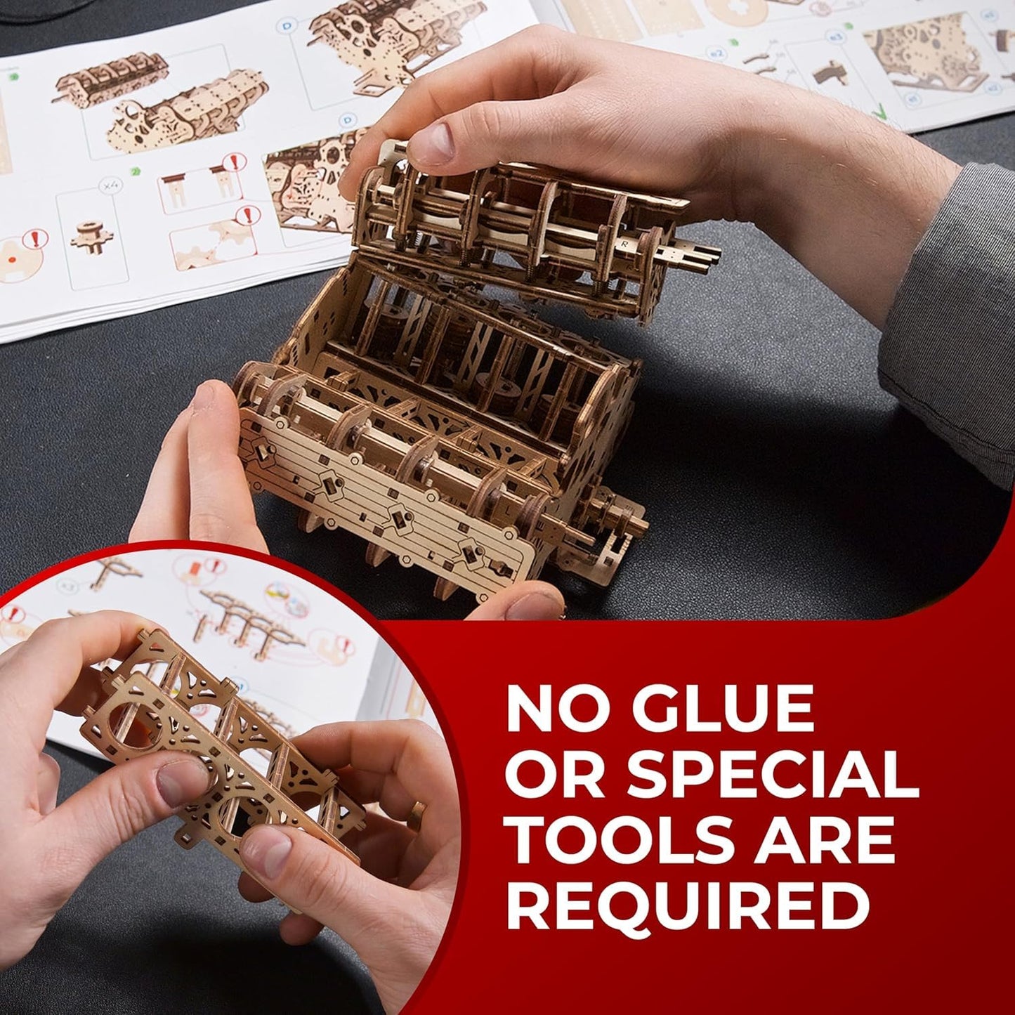 UGEARS V8 Engine Model Kit - 3D Wooden Puzzles for Adults, 3D Puzzle Model Engine Kit, DIY Kits Gifts for Engineers for Fathers Day, Wooden Model Kits for Adults to Build, Brain Teaser Hobby Set