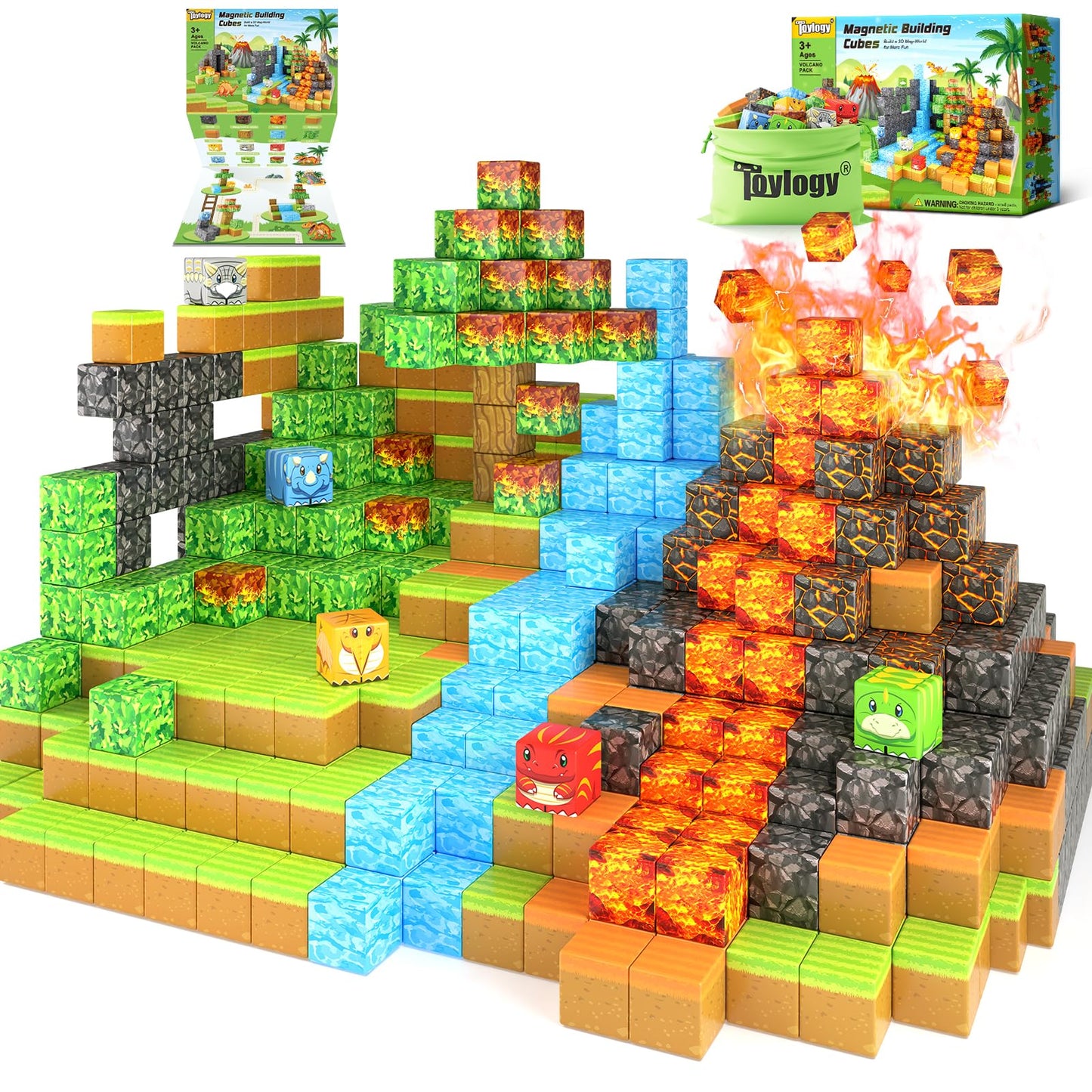 Dinosaur Toys Magnetic Blocks-Build Mine Magnet World Volcano Edition Kids Toy for 3+ Year Old Boys and Girls Building Blocks Toddler Toys Games Through Jurassic Learning Sensory Toy Gifts
