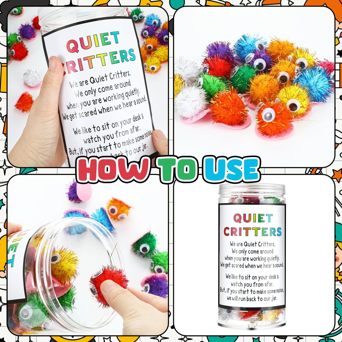 WinnerWhy 50 Pcs 1'' Pom Poms Critters with Plastic Jar Quiet Critters Classroom Management, Behavior Classroom Management Tool, Homeschooling, Educational and Learning Activities for Kid(Multicolor)