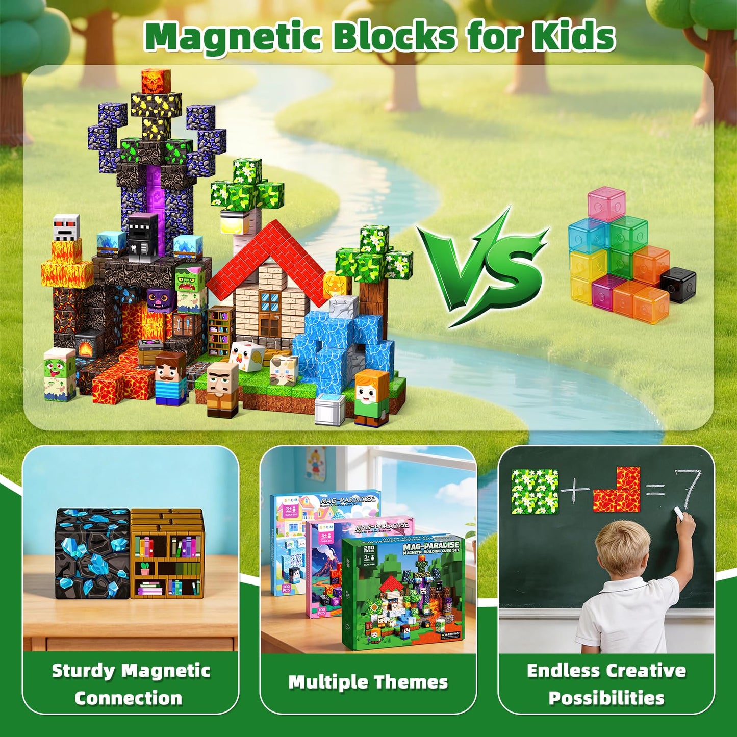 200PCS Magnetic Blocks, Magnetic Building Cube Set for Kids Ages 3+, Constructions STEM Stacking Tiles Toy Building Birthday Gifts for Boys Girls