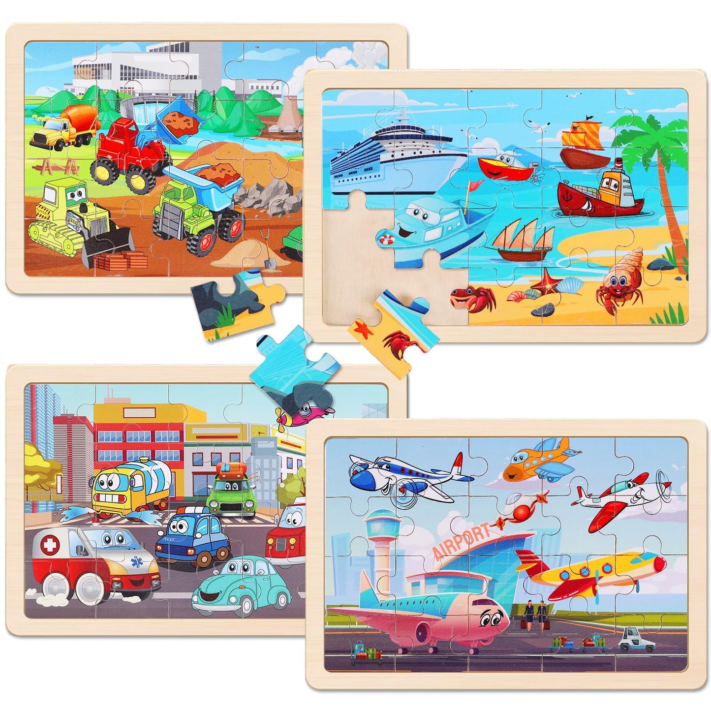 Wooden Educational Jigsaw Puzzles for Preschool Kids Ages 3-5, 4-Pack with 20 Pieces Transportation Wood Puzzles Set, Toddler Brain Teaser Toys, Preschool Gifts for Boys Girls Ages 3 4 5 6