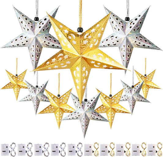Zhanmai 10 Pcs 3D Paper Star Lanterns with 20 LED Lights, Gold & Silver Hanging Decoration for Christmas and Independence Day