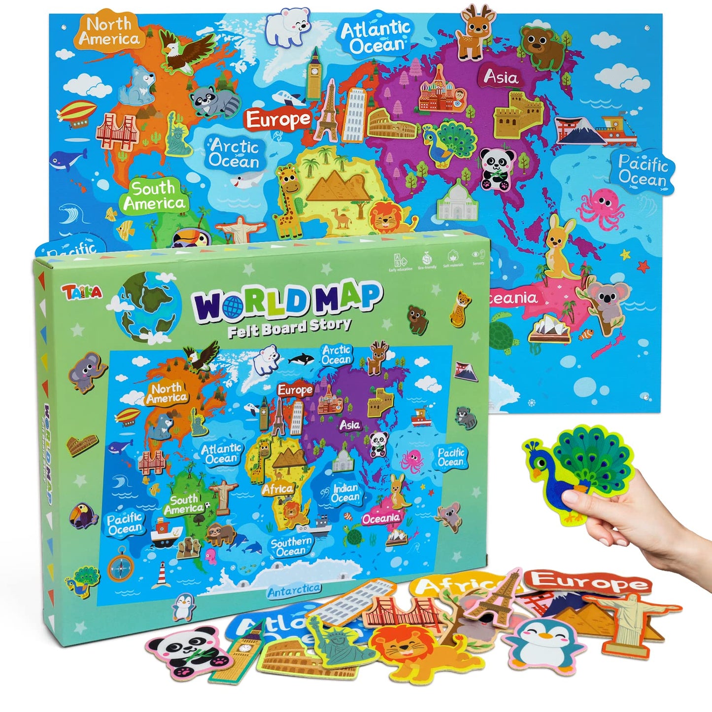 Taika World Felt Set, Felt World Map with World Famous Sights, Educational Play Mat Flannel Board Set, 43x28 inch Preschool Learning Flannel Board for 4+