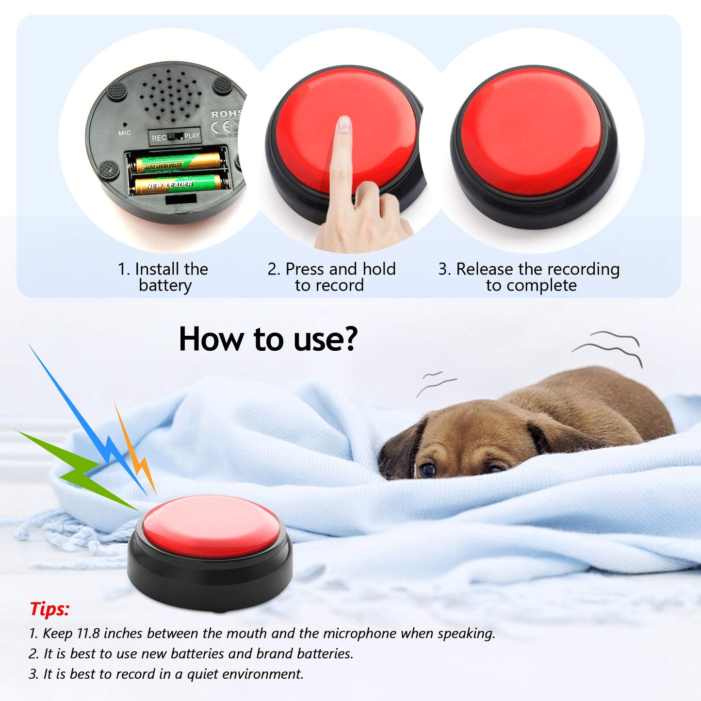 Crsfoisr Recordable Sound Button - Pet Training Voice Recorder Buttons | 30-Second Custom Prank Sound Button for Gifts, Parties & Dog Commands Talking Answer Buzzers Funny Buttons (Battery Included)