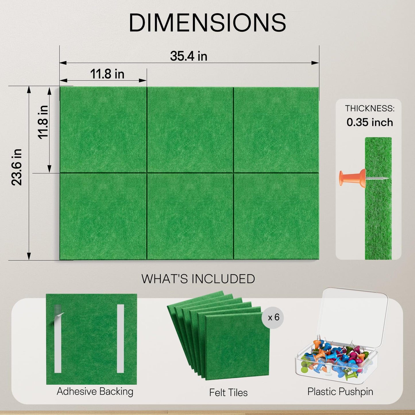 MaxGear Large Cork Board for Wall 36" x 24", Emerald Green Bulletin Board, 6 Pack Felt Wall Tiles with Pushpins, Cork Boards for Office Push Pin Board Tack Board Felt Board