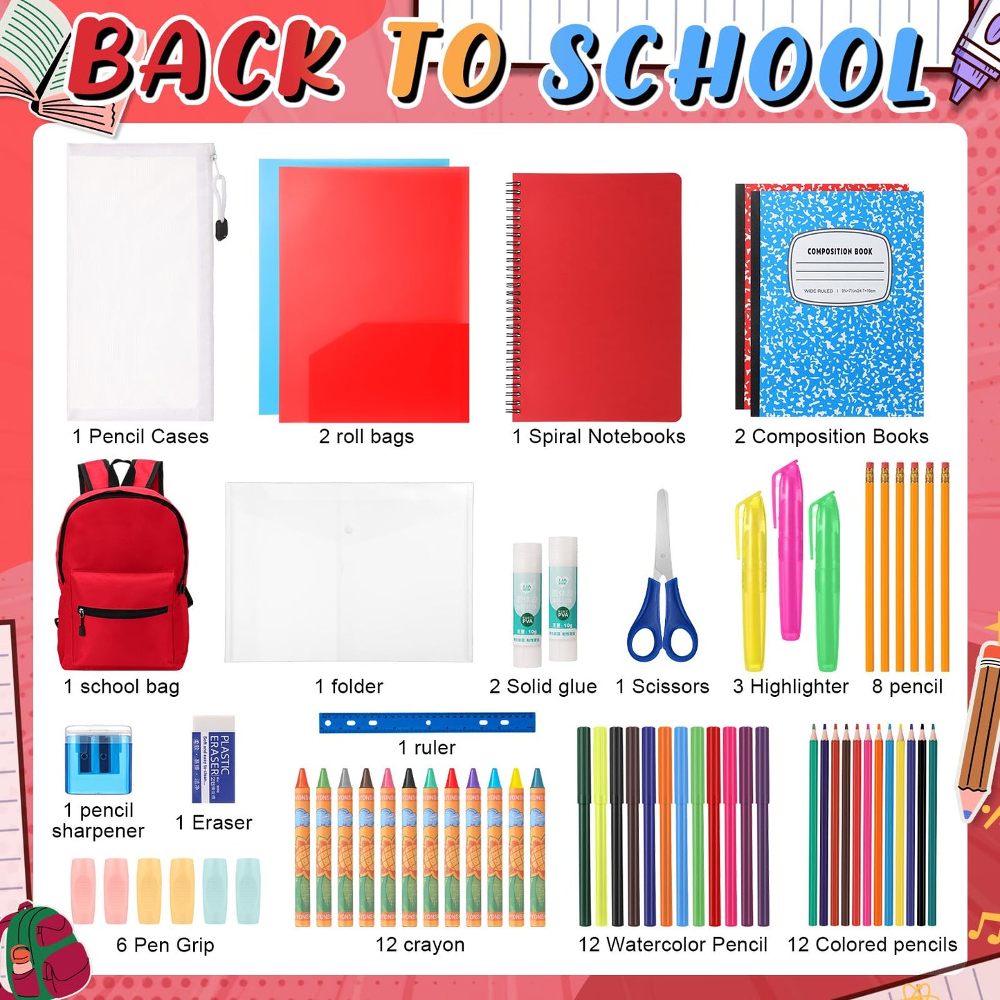 Gilprop 79 Pcs Back to School Supplies Box for Kids K-5 Students Elementary Middle School Supplies Kit Bundle Bulk Essential Pen Notebook Stationery for Primary Student Classroom(Red)