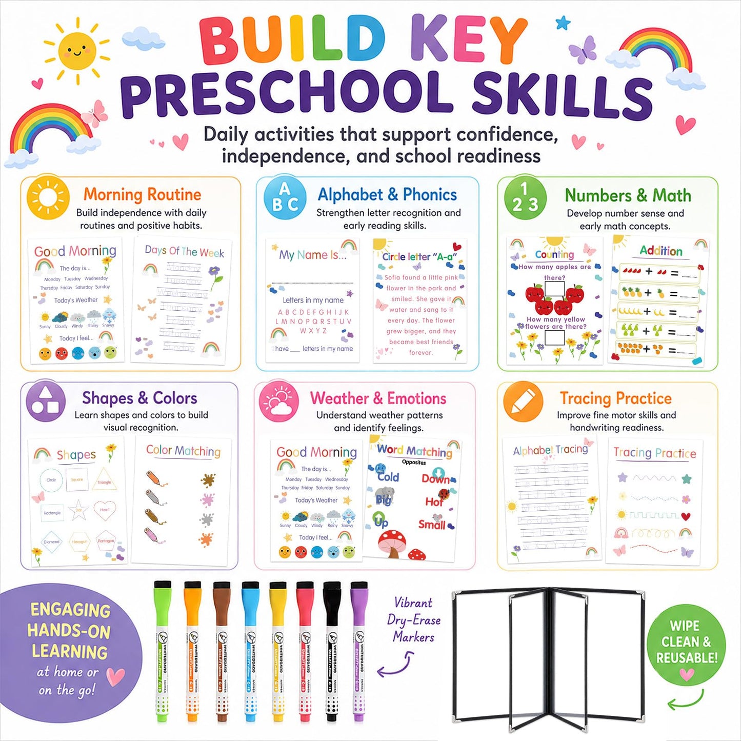 Hushee 31 Pcs Homeschool Morning Menu Kit for Toddler Preschool Kindergarten Prek Classroom Essentials Interactive Toddler Learning Binder, 21 Educational Posters 2 Dry Erase Menu Covers & 8 Markers