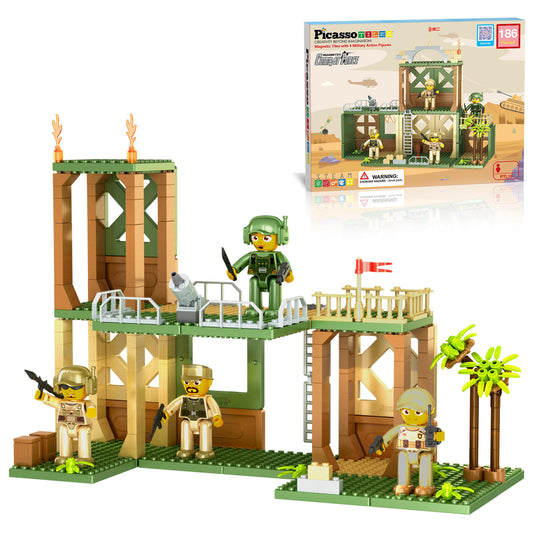 PicassoTiles Magnet Tile Building Brick Blocks Military Combat Force Theme Magnetic Tiles Construction Block Playset 4 Character Action Figures with Weapons Interlocking Bricks STEM Toy Ages 3+ PTL18
