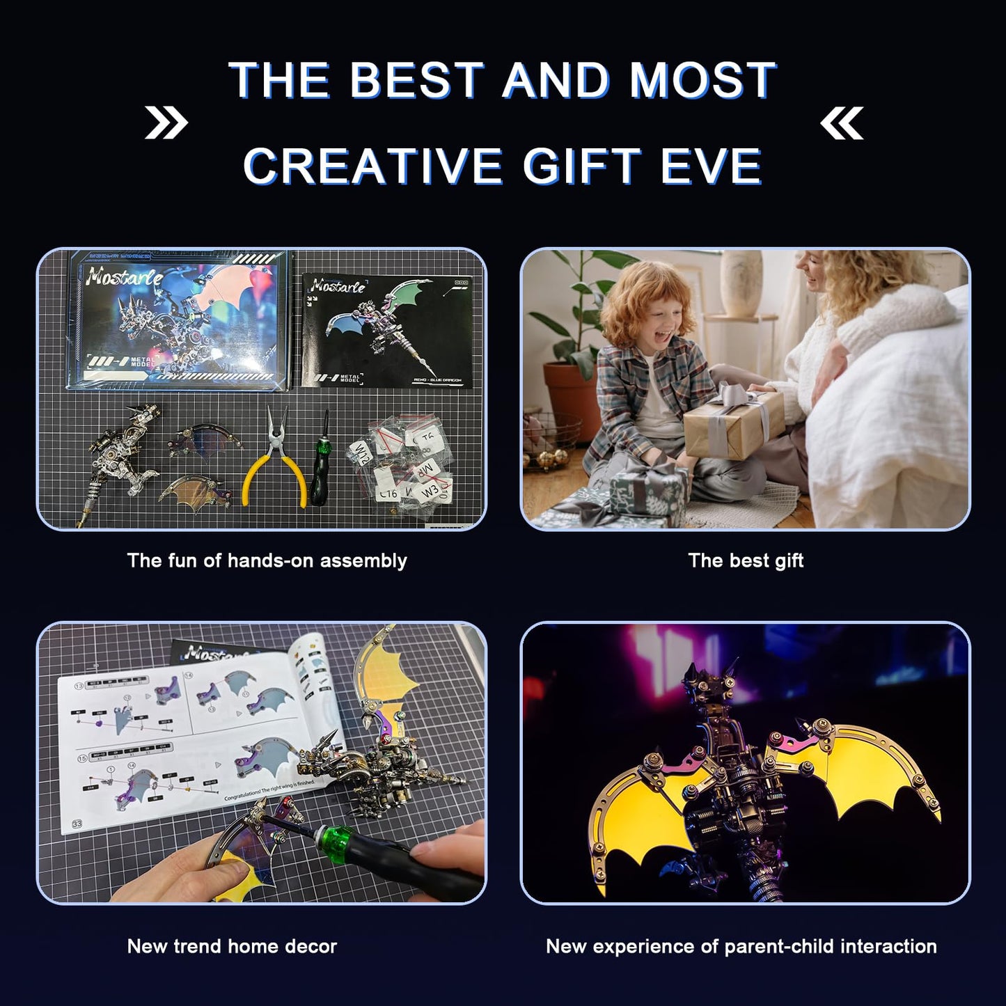 Arcynix Mostarle Reno Blue Dragon 3D Metal Puzzle Kit, 613 Pieces, Magnetic Assembly, LED Light-Up Color Changing Wings, Adjustable Display, DIY Mechanical Model for Advanced Builders Collectors