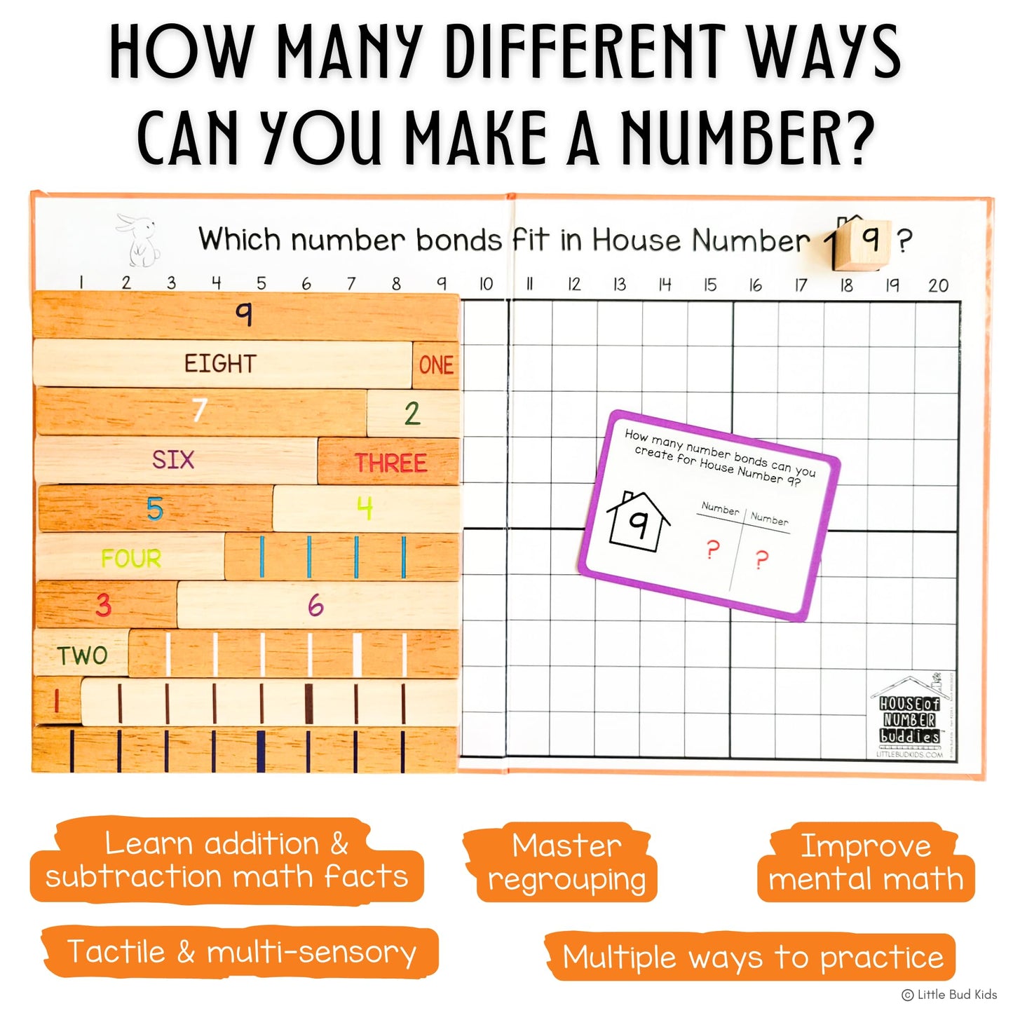 LITTLE BUD KIDS House of Number Buddies Math Game, a Number Bonds Math Toy with Counting Rods and Addition & Subtraction Flash Cards, a Montessori Material for Kids 4-8 Years Old