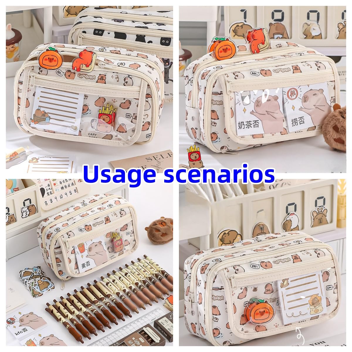 VTYFRY Cute Kawaii Pencil Case Pouch Cartoon Pen Box Holder Organizer for Office Workspace Supplies Desk Accessories Travel Essentials Aesthetic Trendy Cool Stuff Gift Large Capacity (White Kapibala)